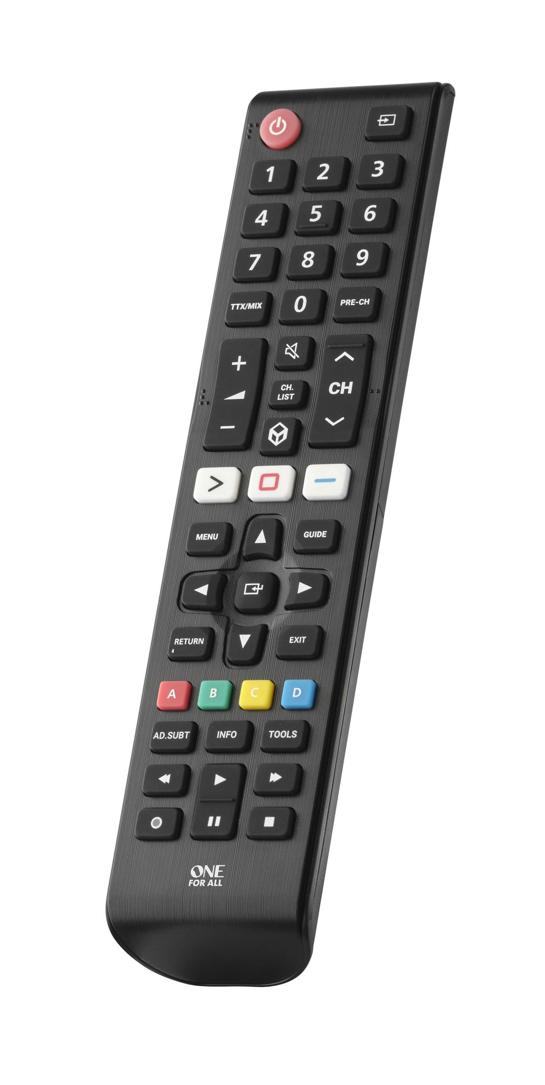 Telecomando universale nero con tastierino numerico e pulsanti di navigazione.