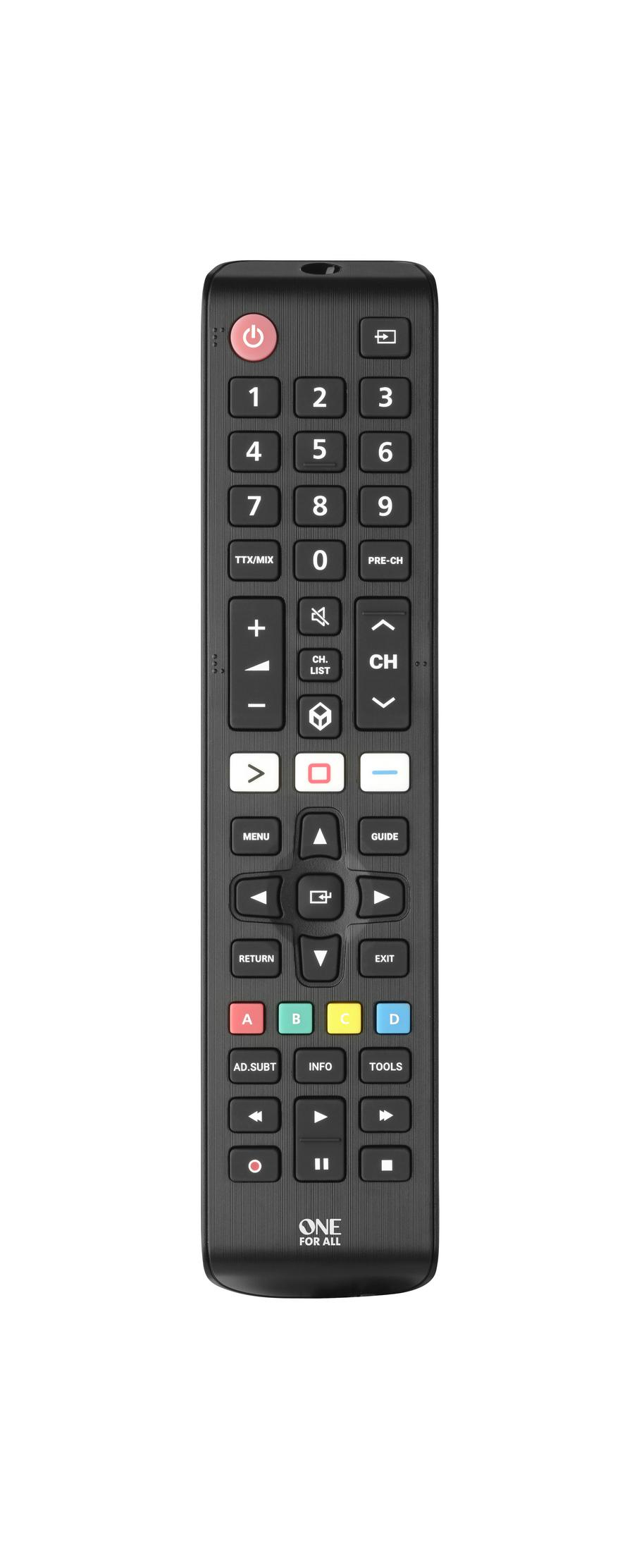 Telecomando universale nero con tastierino numerico, navigazione e pulsanti di controllo.