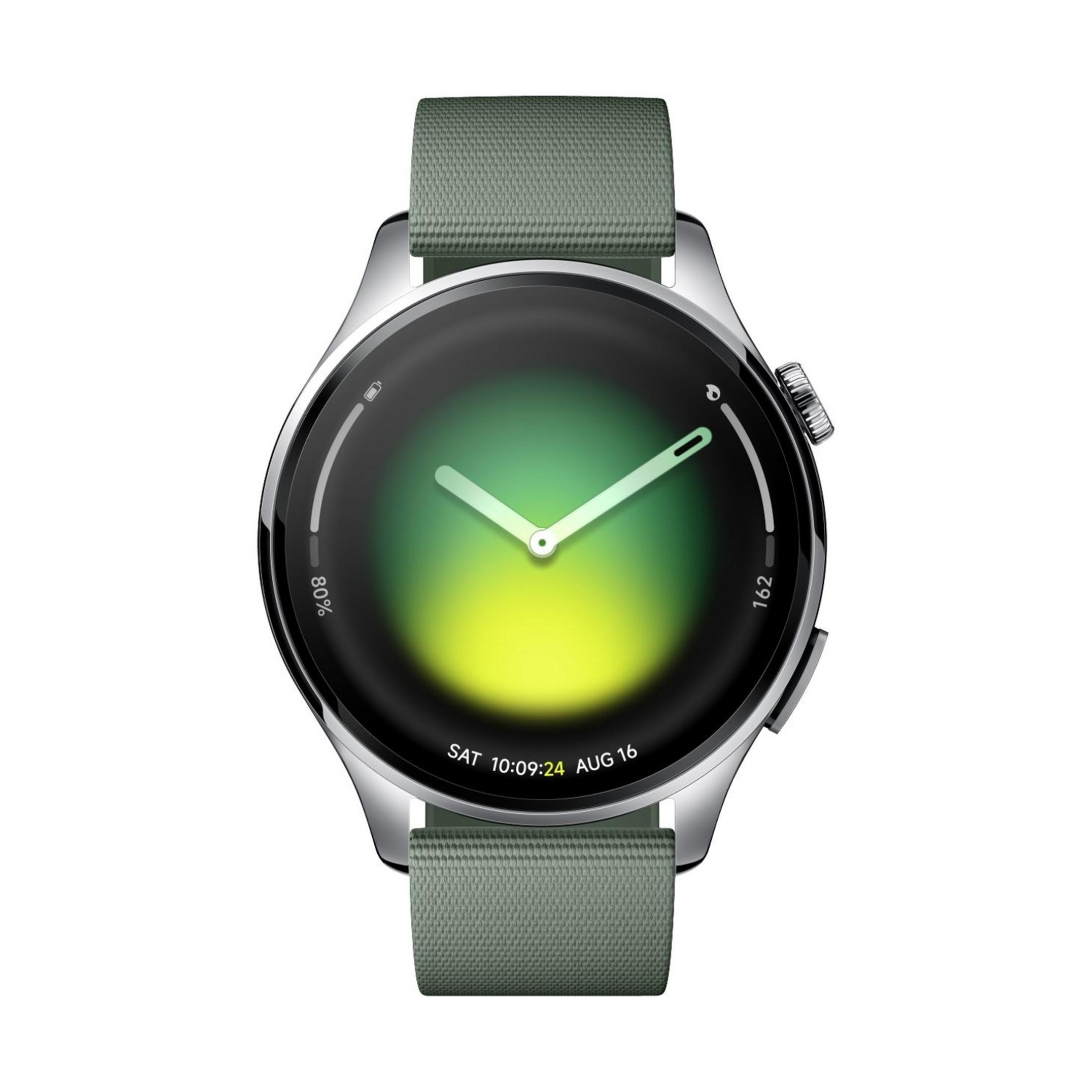 Un reloj inteligente verde con carcasa plateada y correa de tela.
