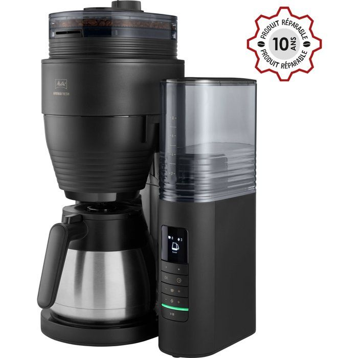 Macchina da caffè nera con macinacaffè integrato e caraffa termica. Display con pulsanti.