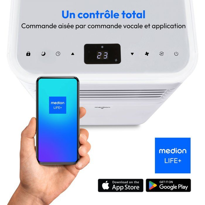 Ein weißes Gerät mit Smartphone-App und Download-Schaltflächen. Anzeige 23.