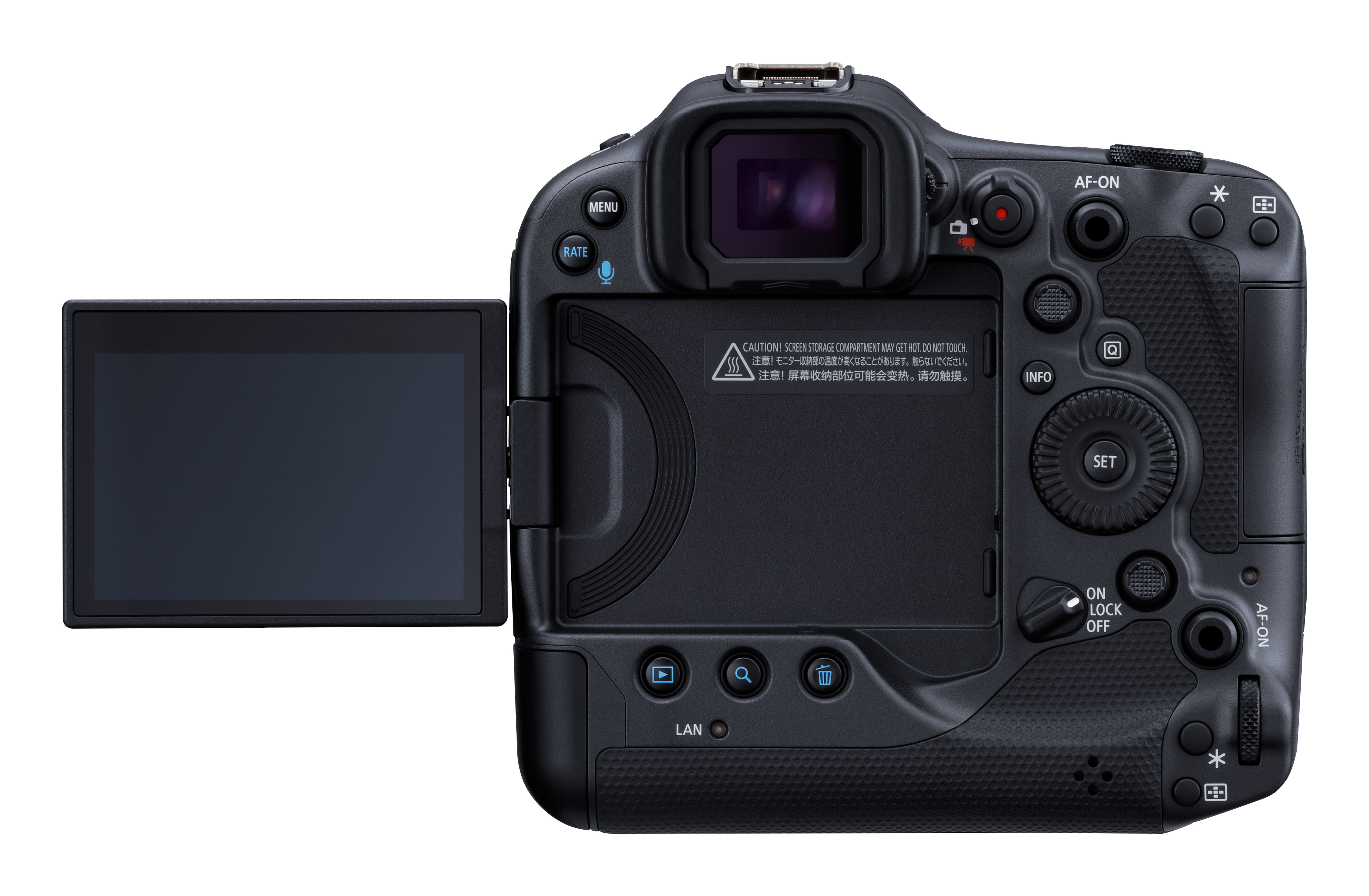 Retro di una fotocamera digitale nera con schermo estraibile e controlli.