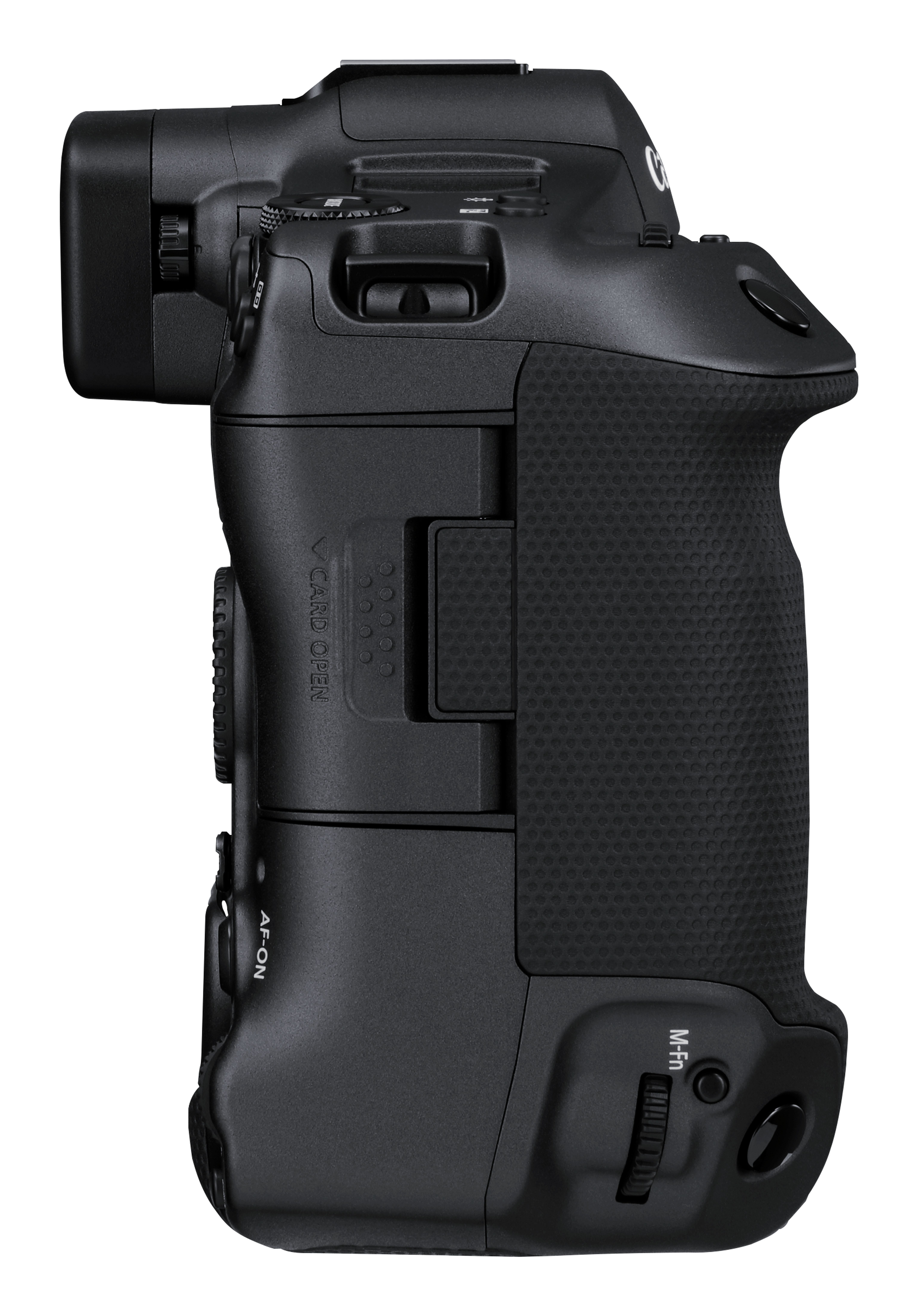 Fotocamera nera di lato che mostra impugnatura e controlli.