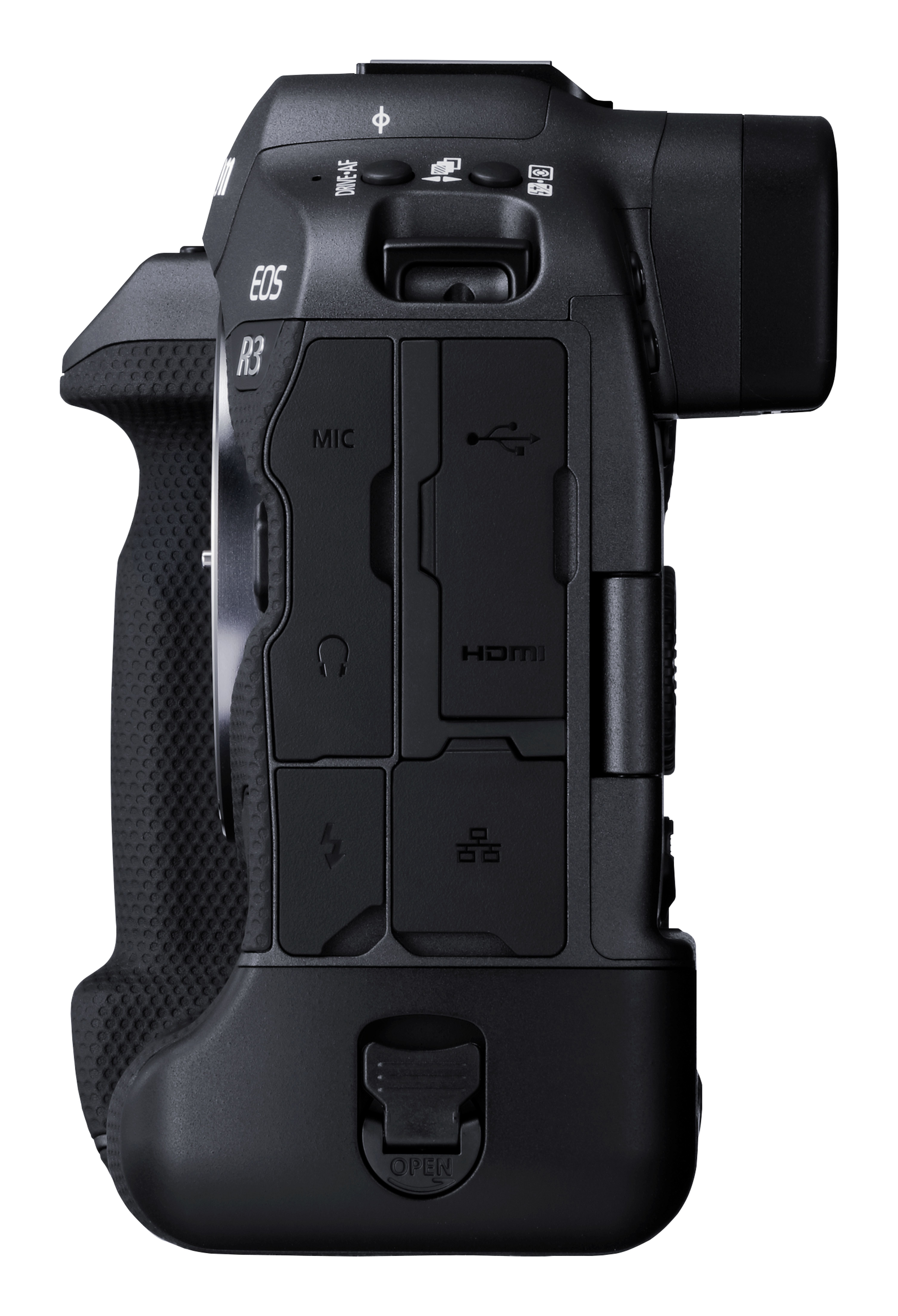 Fotocamera nera con impugnatura, controlli e porte come MIC, USB e HDMI.