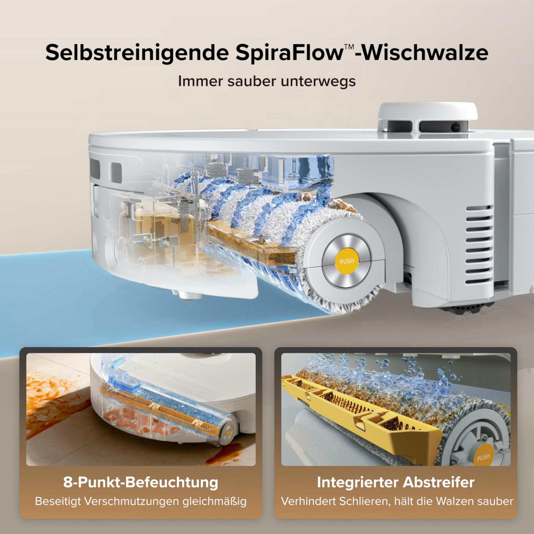Detailansicht eines Saugroboters mit SpiraFlow-Wischwalze, 8-Punkt-Befeuchtung und Abstreifer.