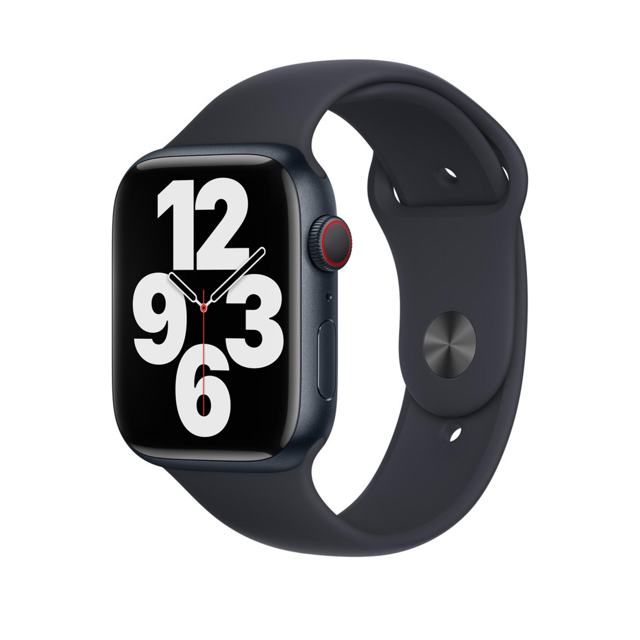 Eine dunkelblaue Smartwatch mit einem schwarzen Zifferblatt und weißen Ziffern.