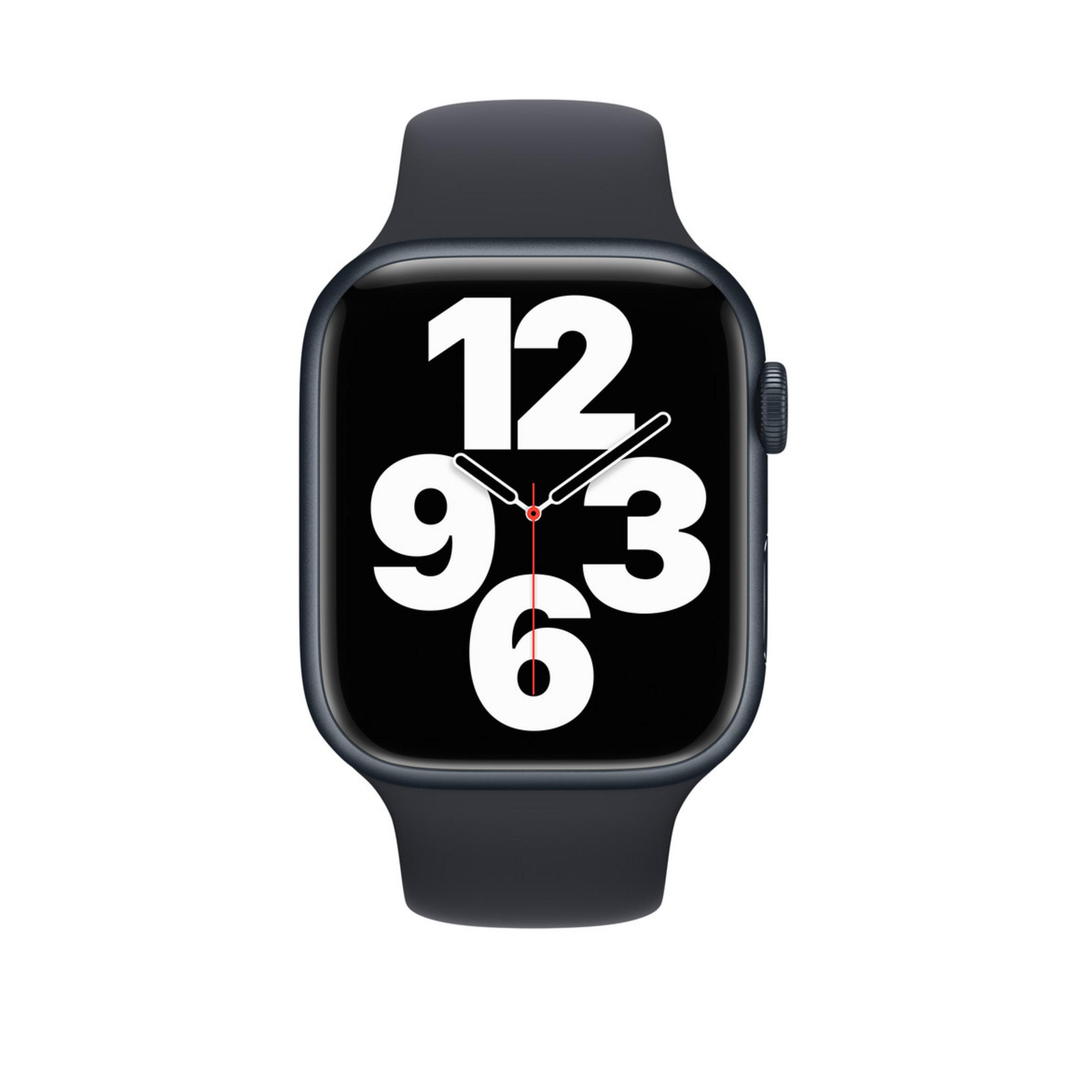 Eine dunkelgraue Smartwatch mit einem schwarzen Zifferblatt und weißen Zahlen.