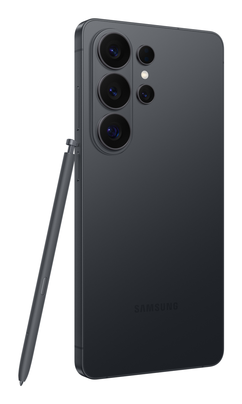Dunkelgraues Samsung-Handy mit Stift. Rückfahrkamera-Array und Samsung-Logo sichtbar.