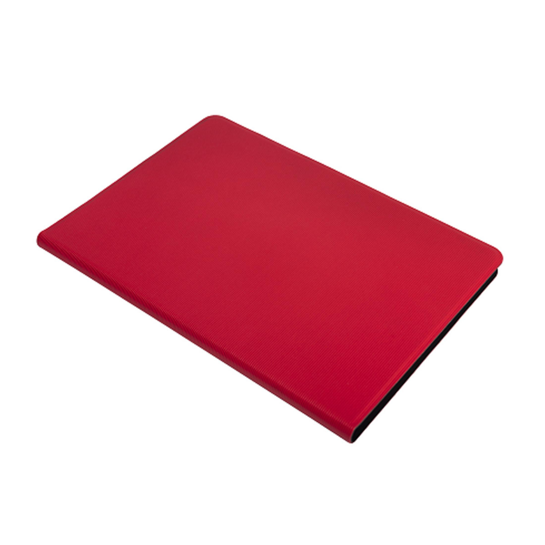 Un cuaderno rojo y acanalado sobre un fondo blanco.