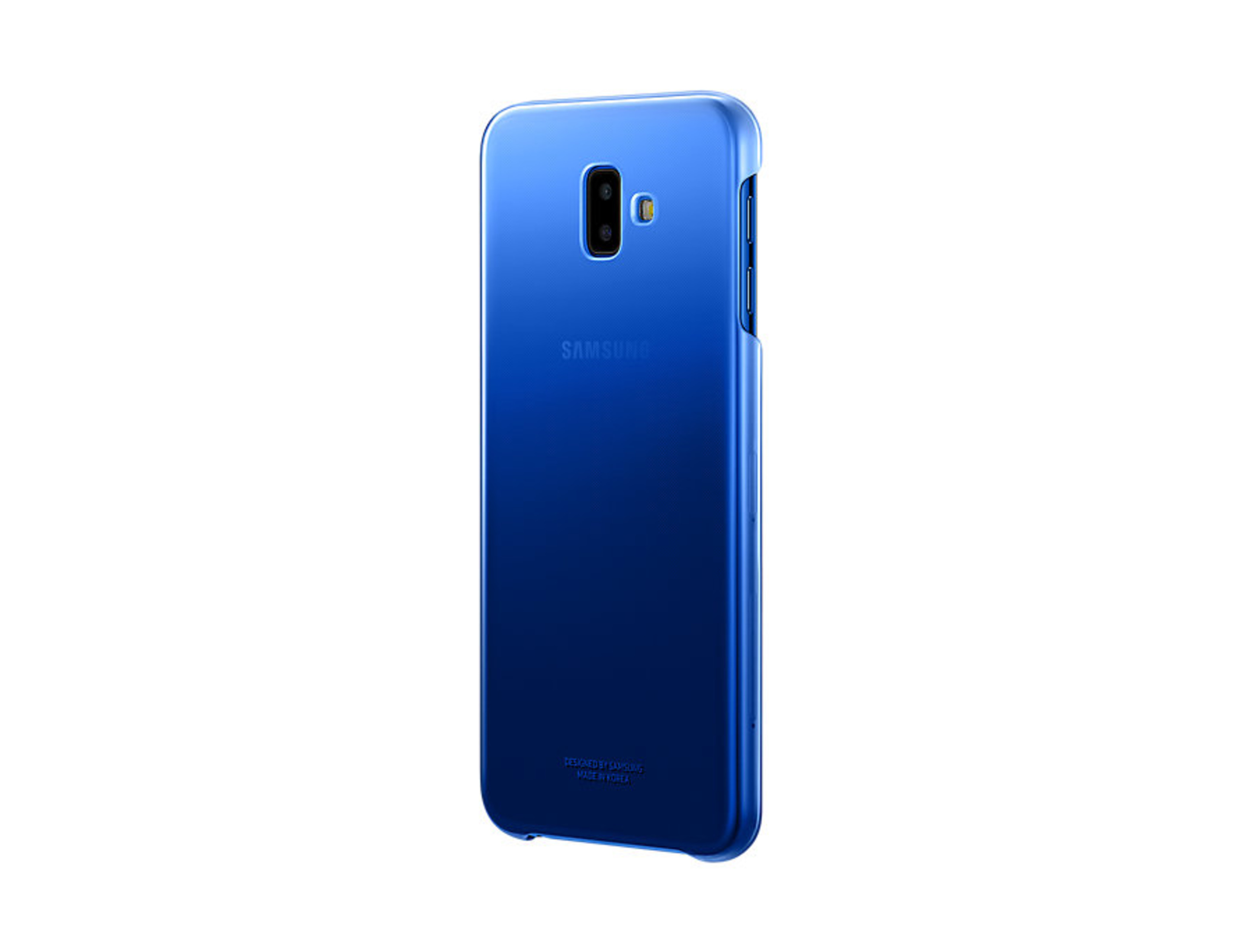 Una custodia blu Samsung con ritaglio fotocamera e logo.