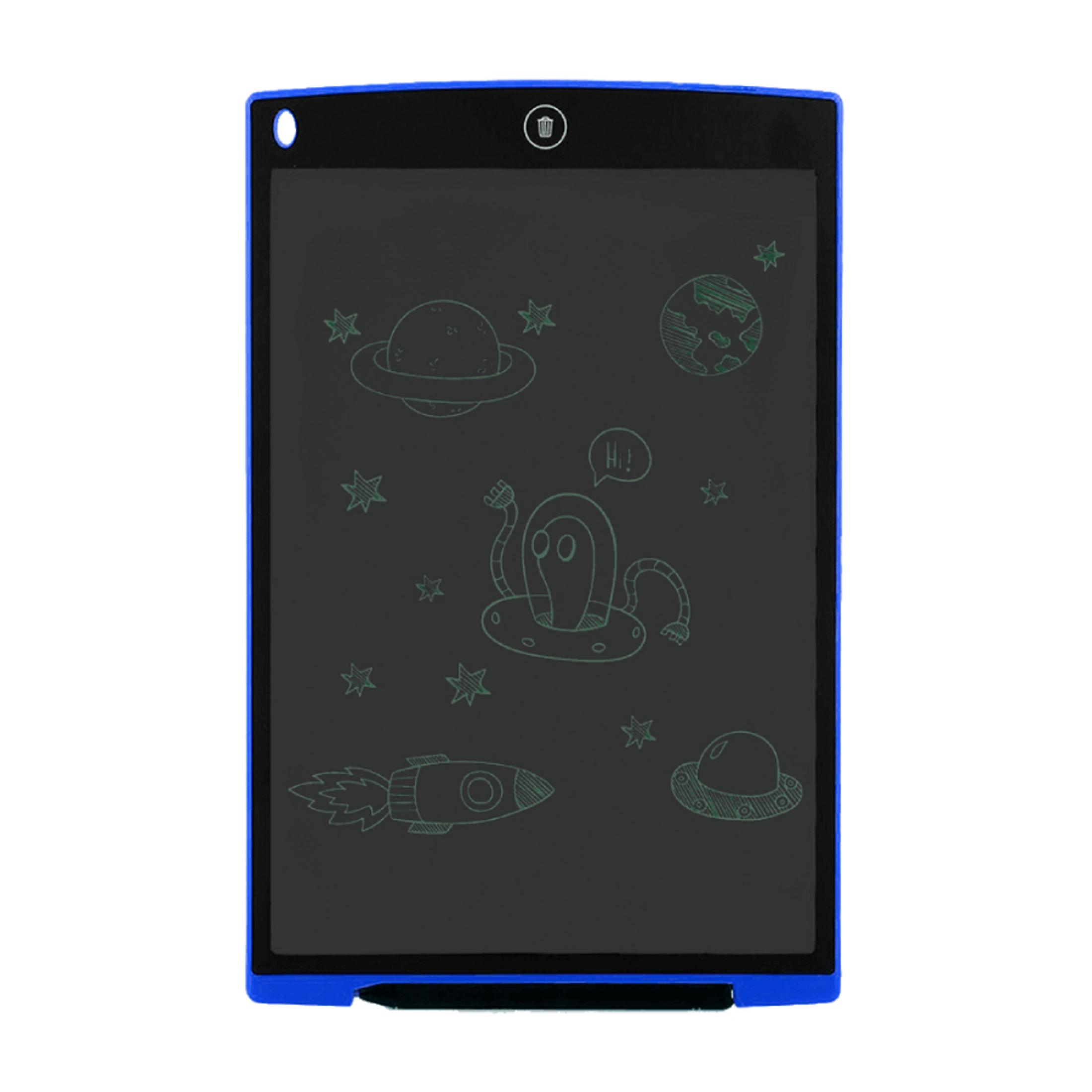 Schermo blu con disegni spaziali: razzo, alieno, pianeti e stelle.