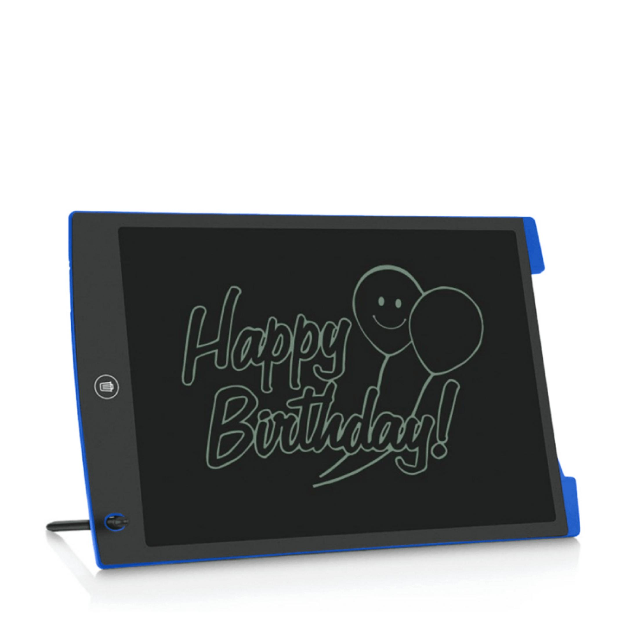 Una tavoletta di scrittura LCD blu con scritto "Buon Compleanno!" e palloncini.