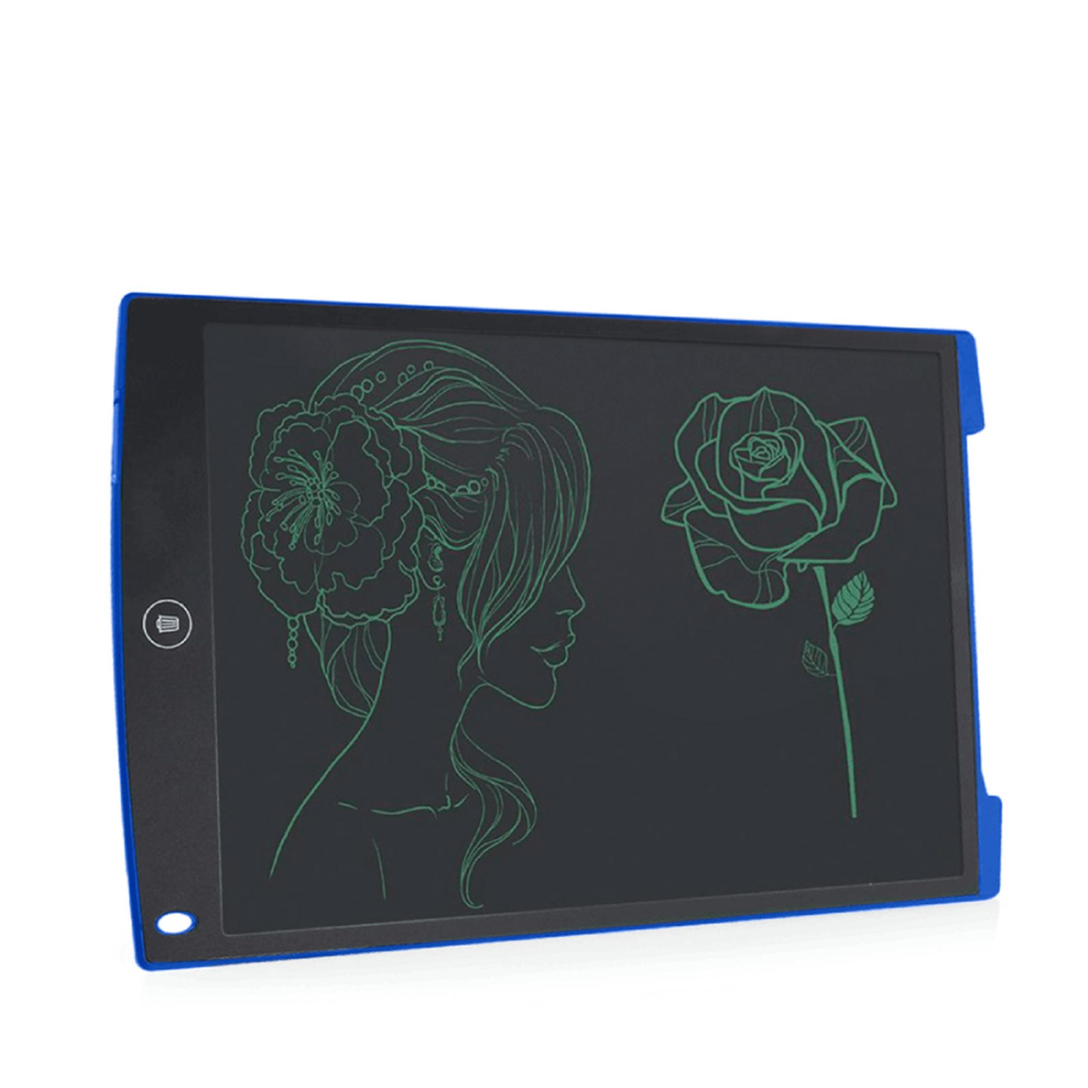 Una tavoletta grafica blu con disegni verdi di una donna e una rosa.