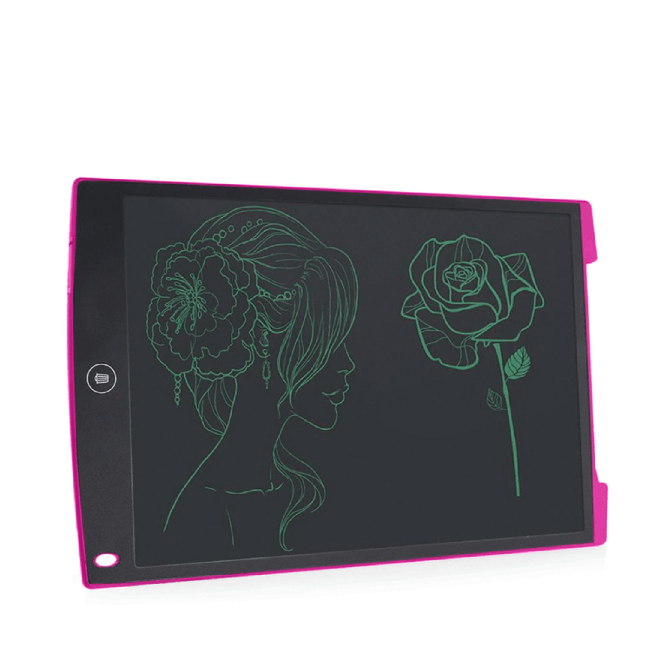 Una tableta de escritura LCD rosa con un dibujo verde del perfil de una mujer y una rosa.