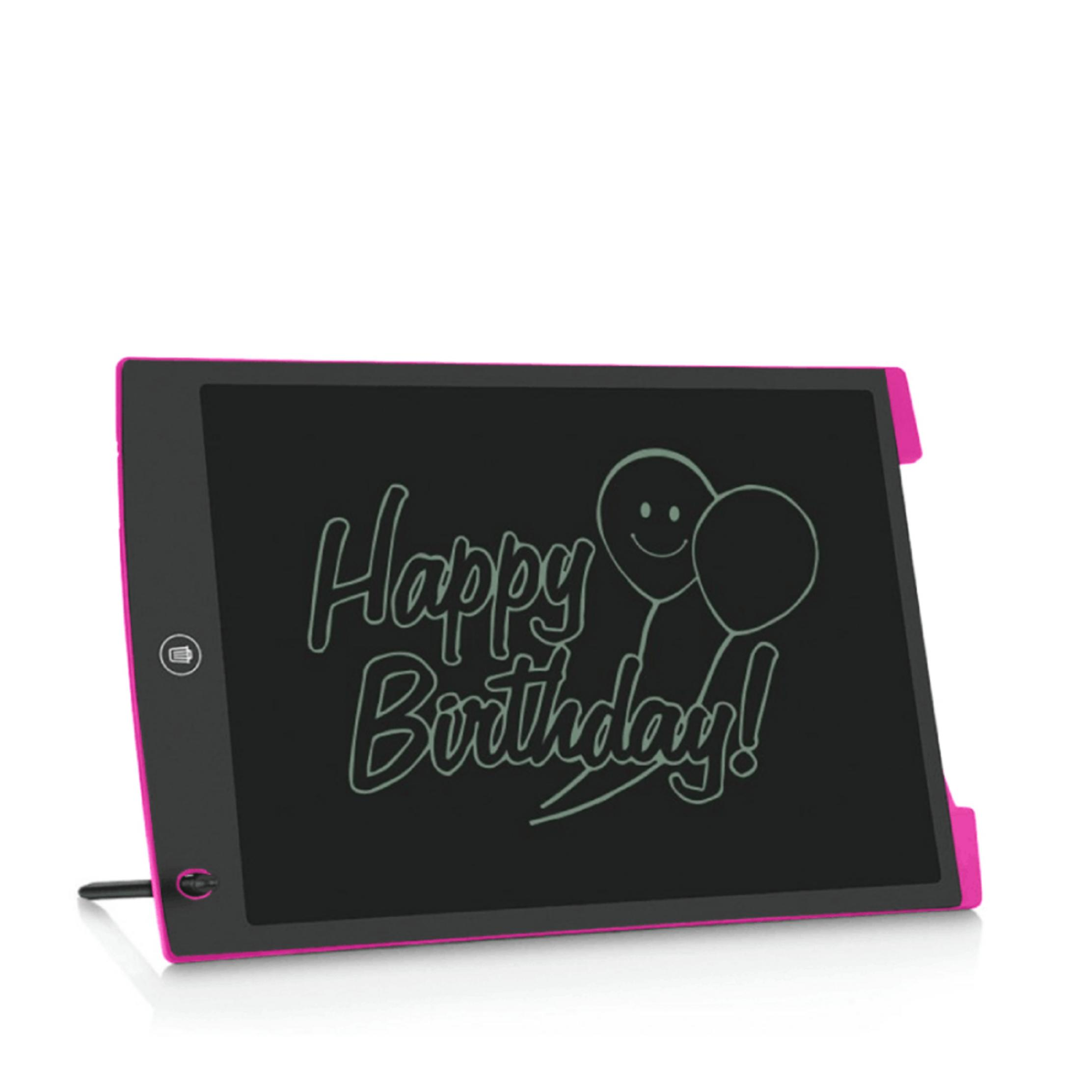 Una tableta de dibujo digital rosa muestra "¡Feliz Cumpleaños!" con una cara sonriente y globos.