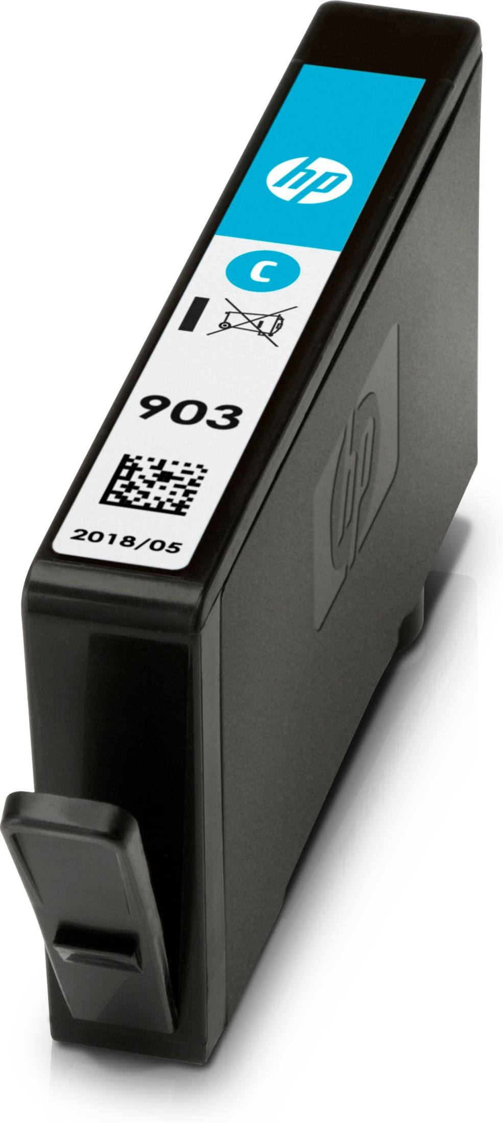 Schwarze HP 903 Cyan Tintenpatrone mit QR-Code und Datum 2018/05.