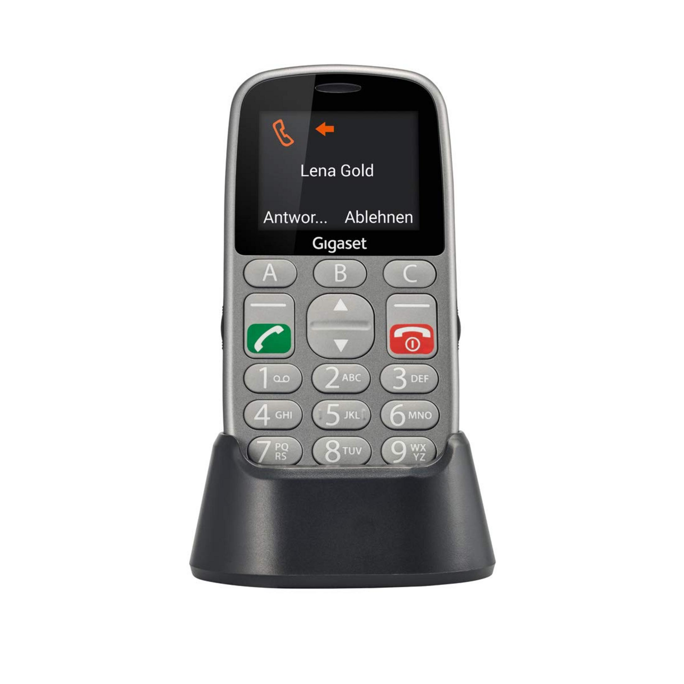 Telefono senior Gigaset argentato con base di ricarica e ID chiamante.