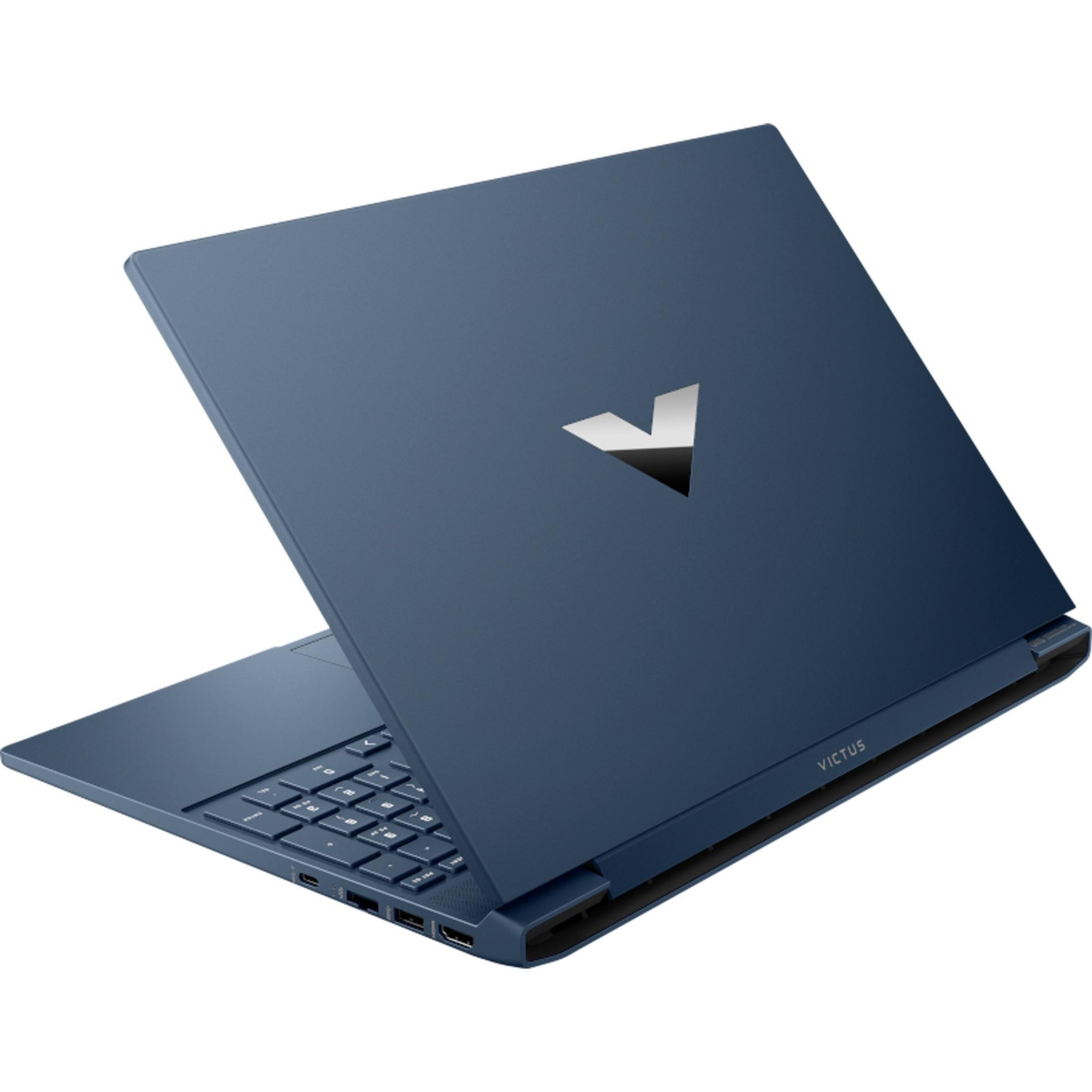 Un portátil azul oscuro con un logo plateado en forma de V en la tapa.
