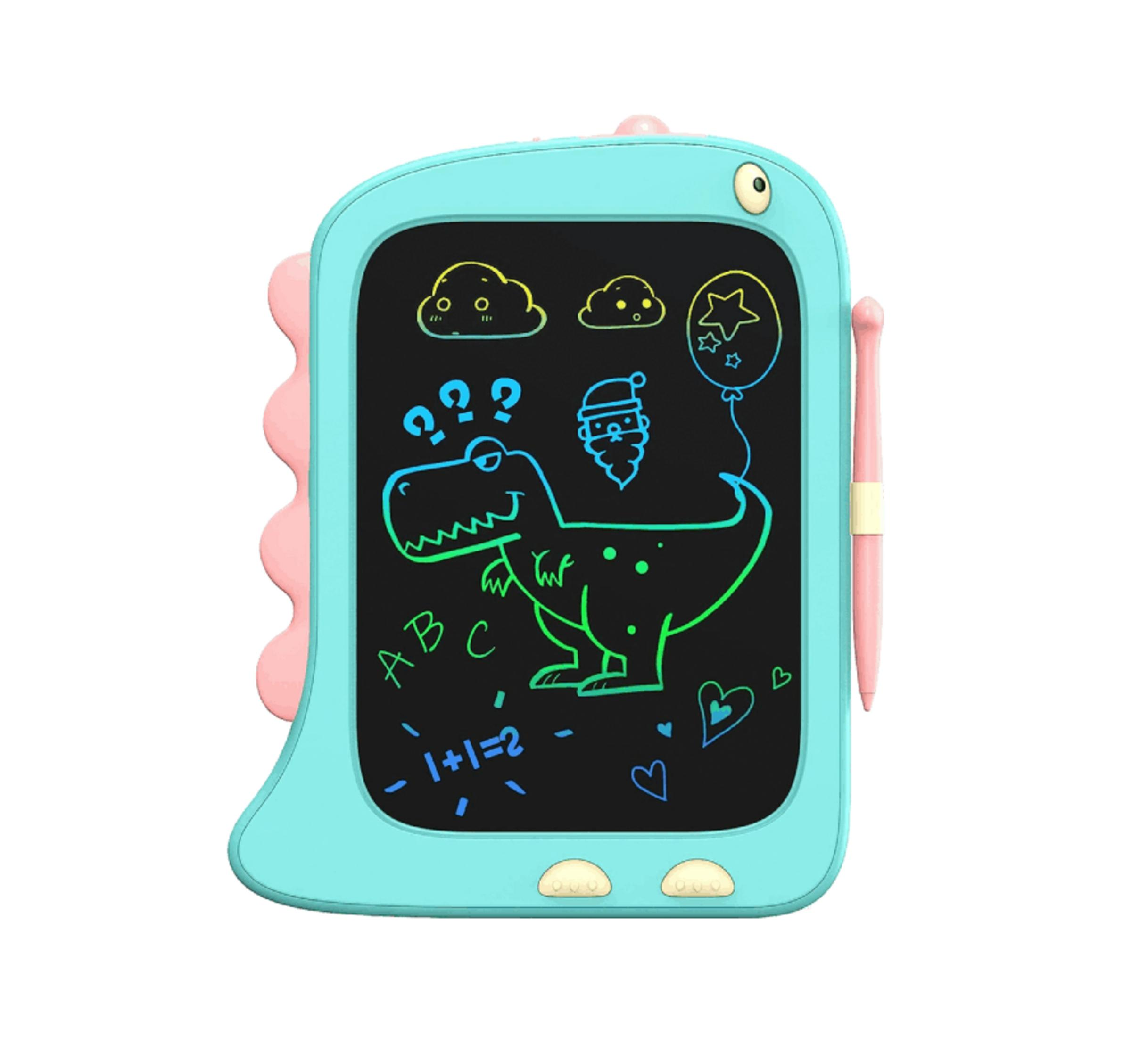 Una tavoletta da disegno a forma di dinosauro turchese con disegni di nuvole, un dino, Babbo Natale e cuori.