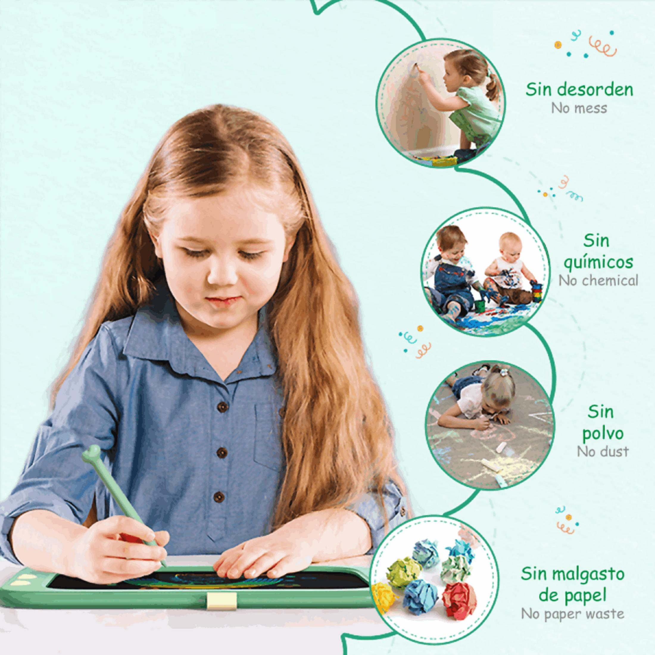 Una bambina disegna su un display verde con una penna. Piccole immagini mostrano altri bambini che dipingono.