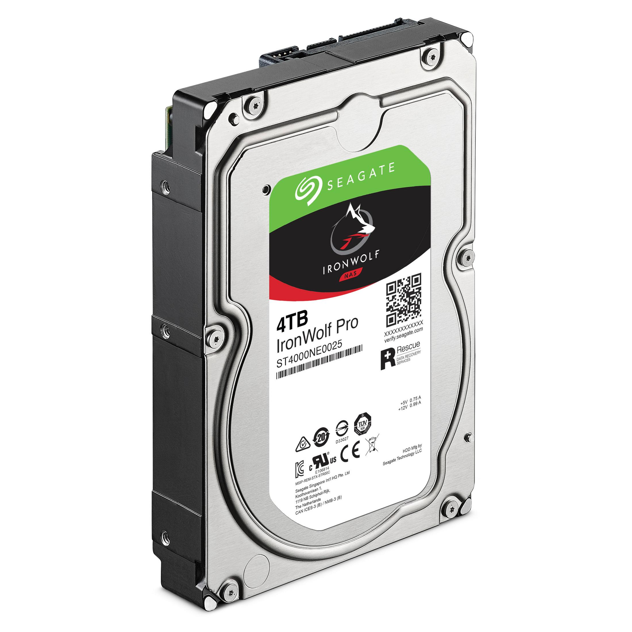 Hard disk NAS Seagate IronWolf Pro da 4TB con chassis argentato e parte superiore verde.