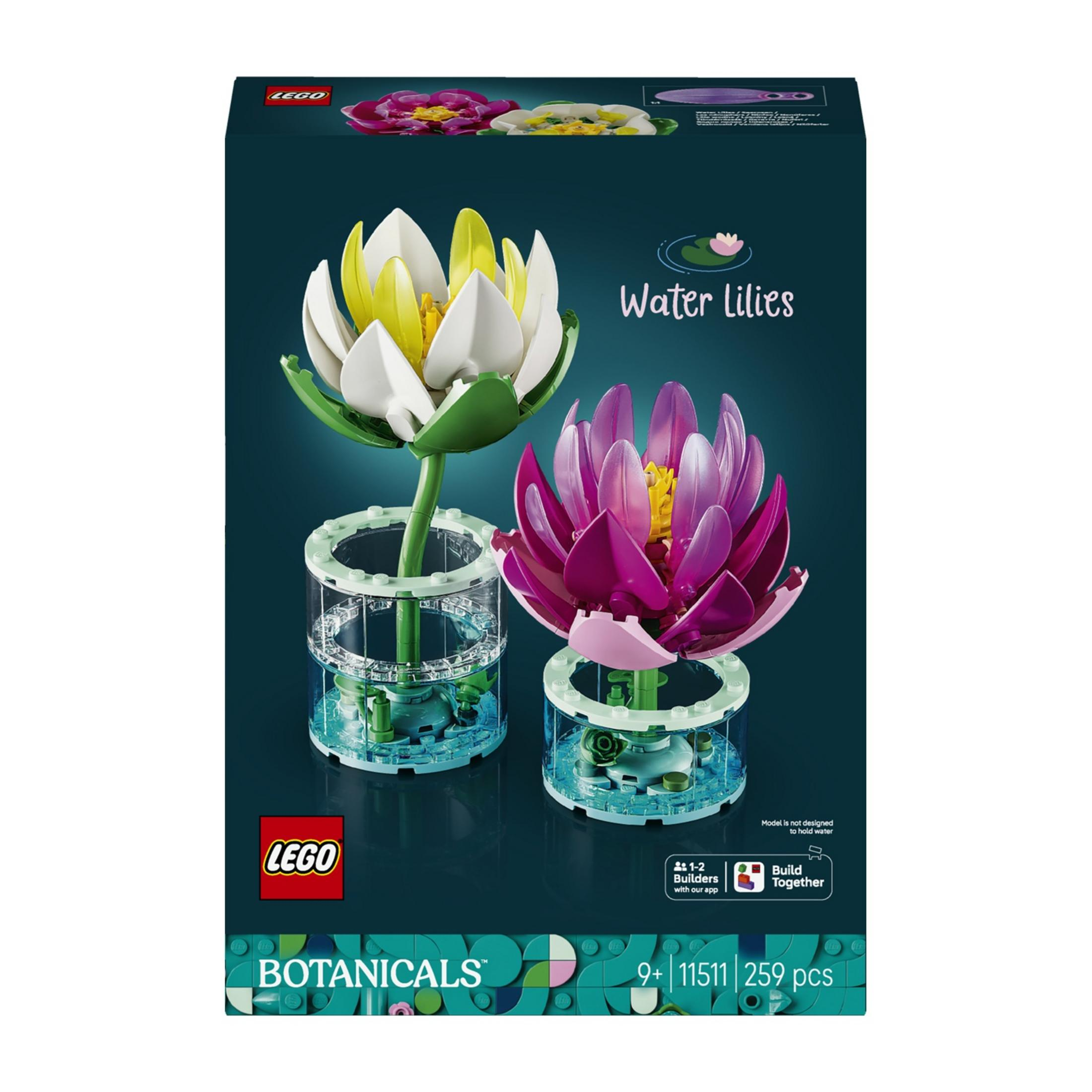 LEGO nilüfer seti kutusu, şeffaf tabanlarda pembe ve beyaz çiçekler.