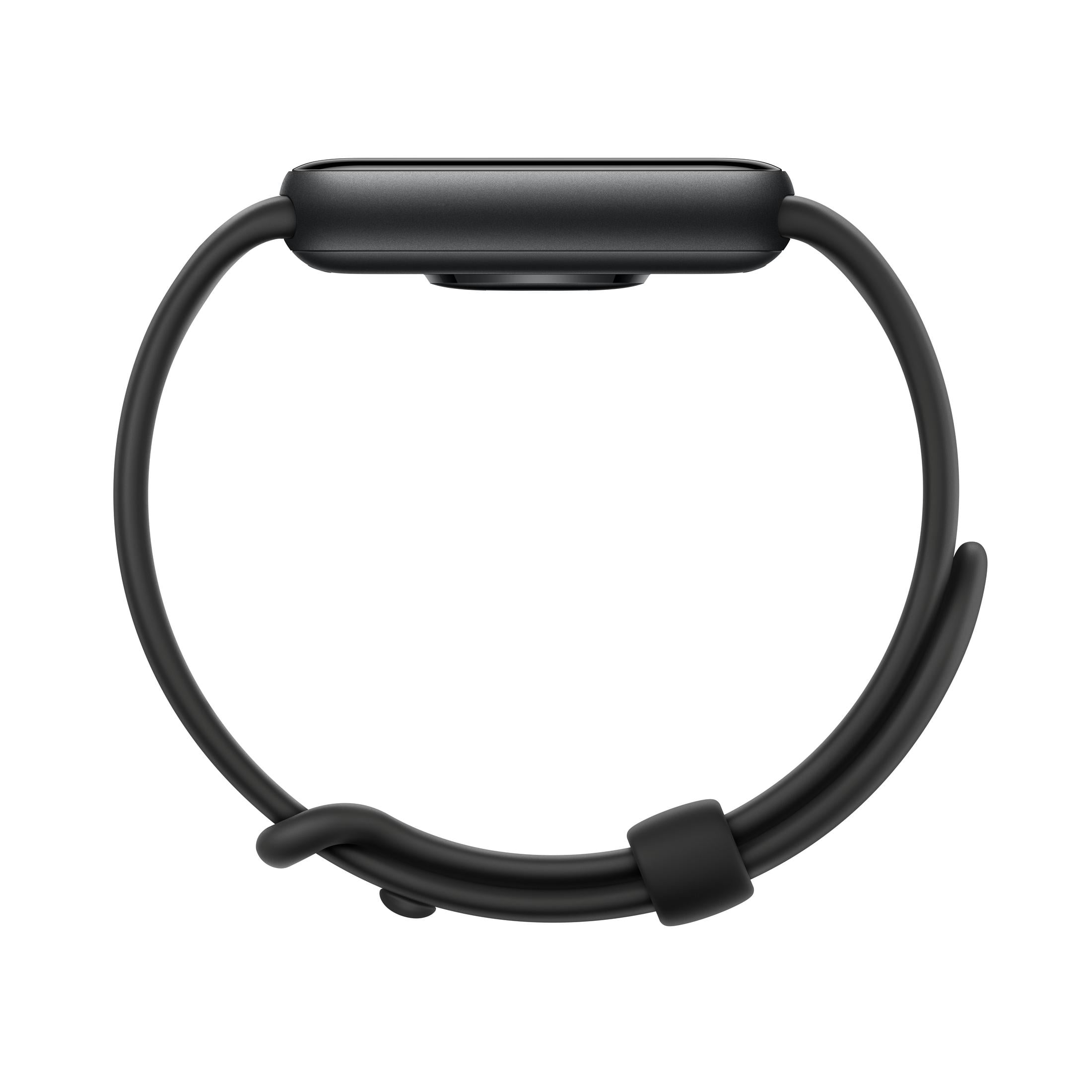 Un fitness band nero con display rettangolare e cinturino in silicone.