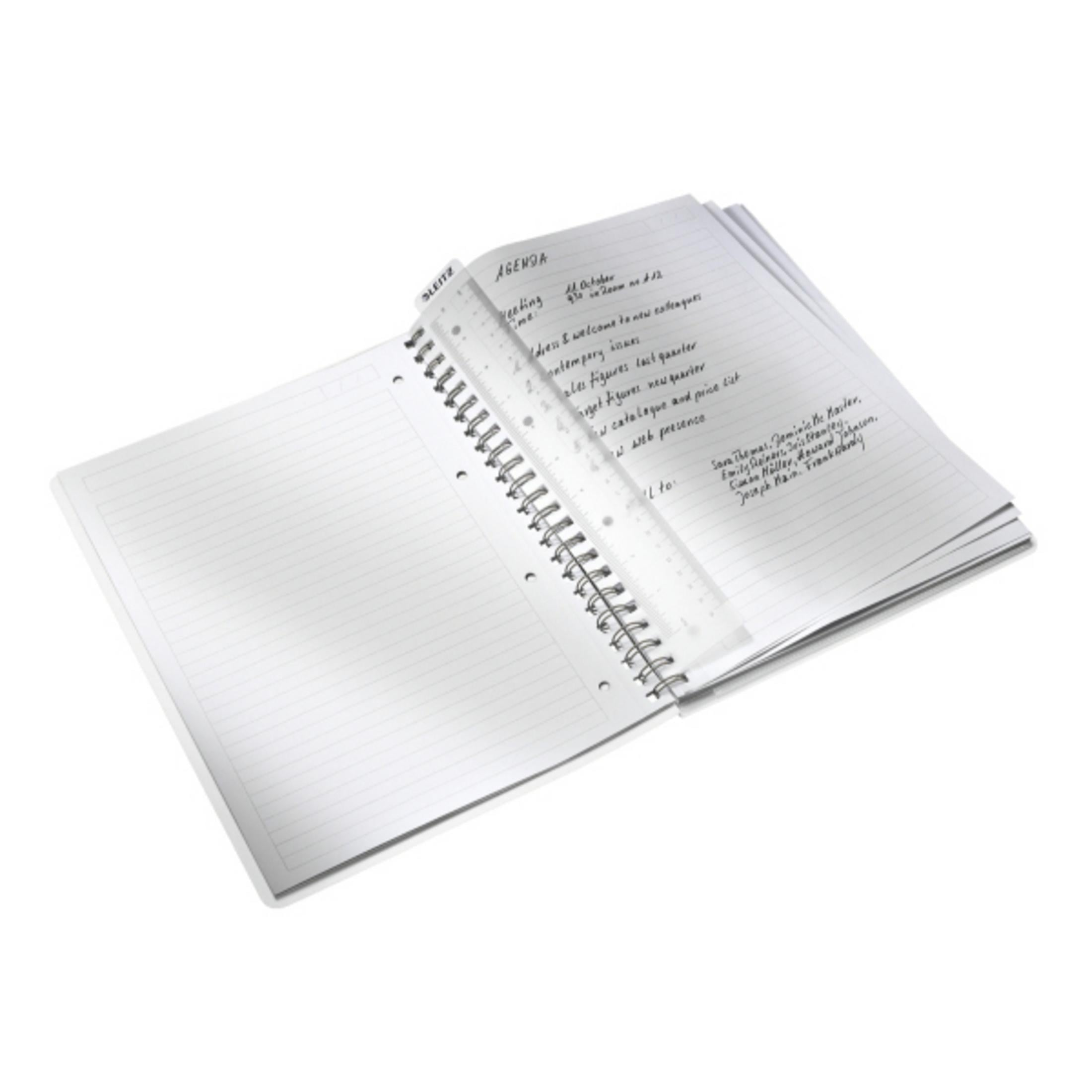 Ein offenes Notizbuch mit einer klaren Linealauflage und handschriftlicher Agenda.