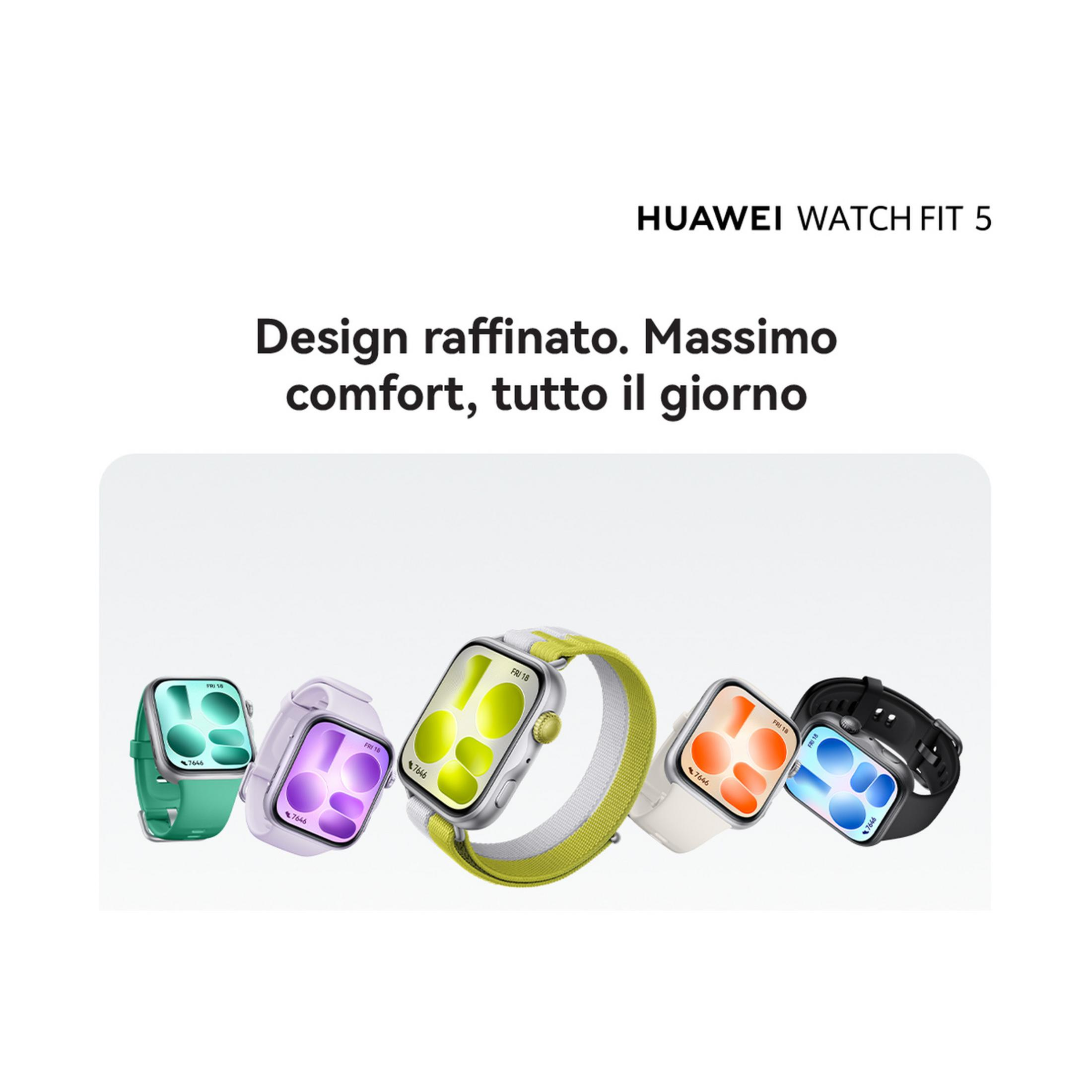 Cinq montres connectées Huawei Watch Fit 5 de couleurs variées.