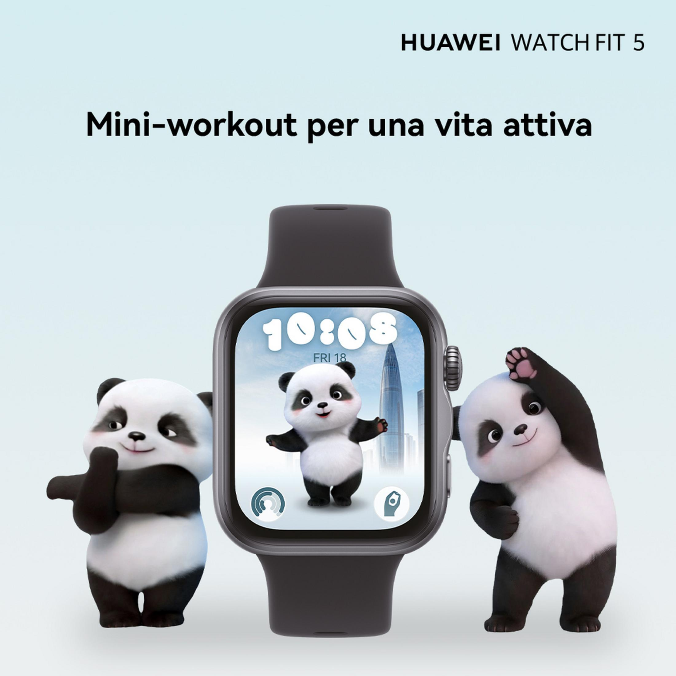 Huawei Watch Fit 5 avec pandas et paysage urbain. Il est 10:08.