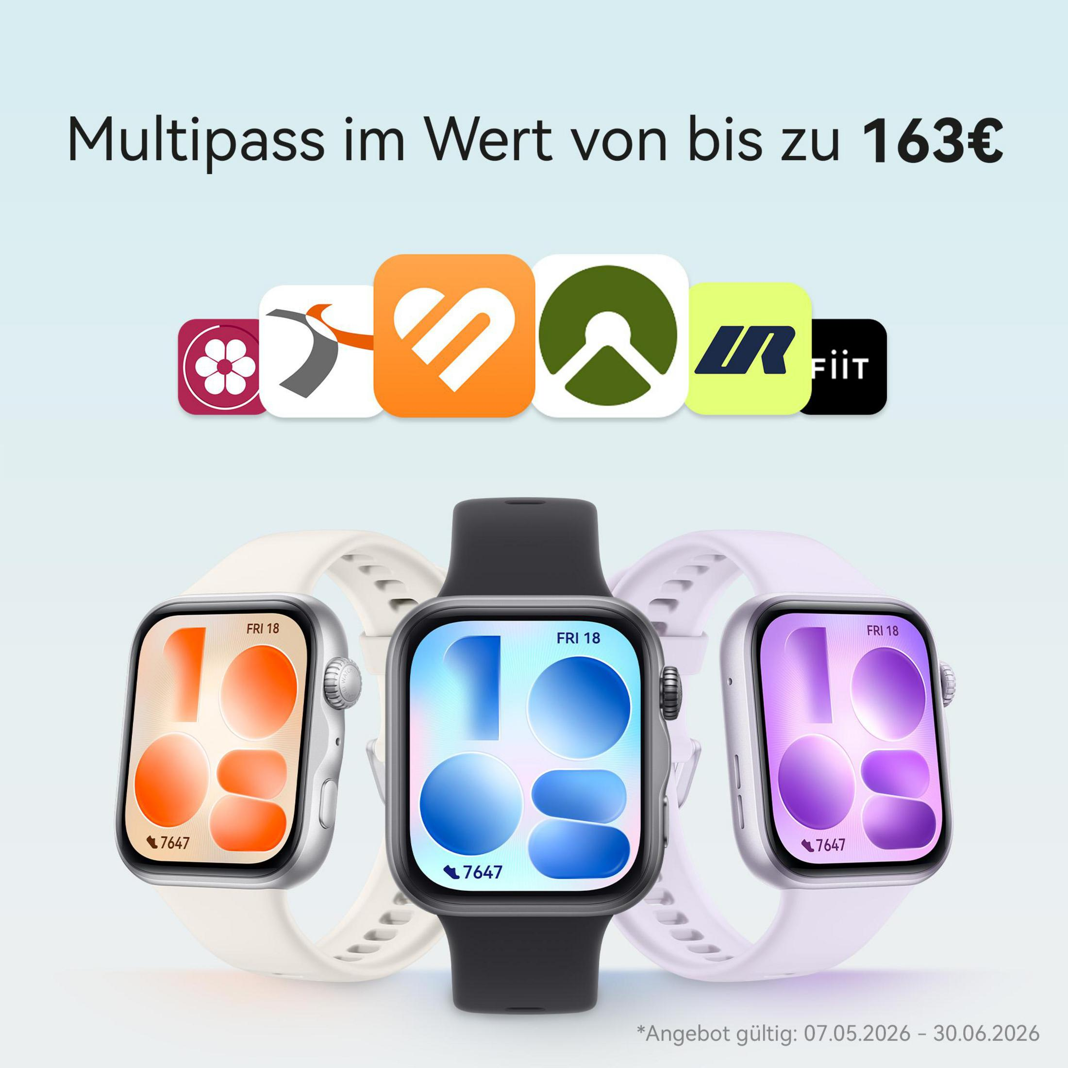 Trois montres connectées avec des cadrans colorés et des icônes d'applications au-dessus.