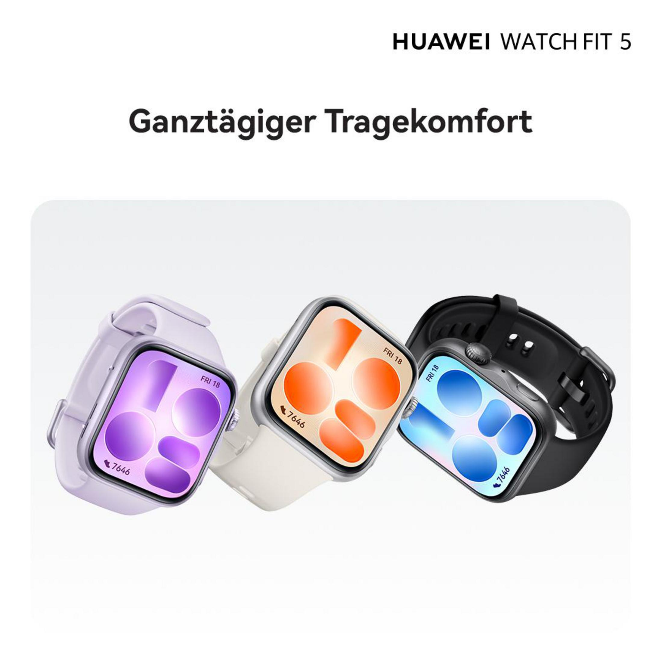 Trois montres Huawei Watch Fit 5 violettes, crème et noires avec cadrans colorés.