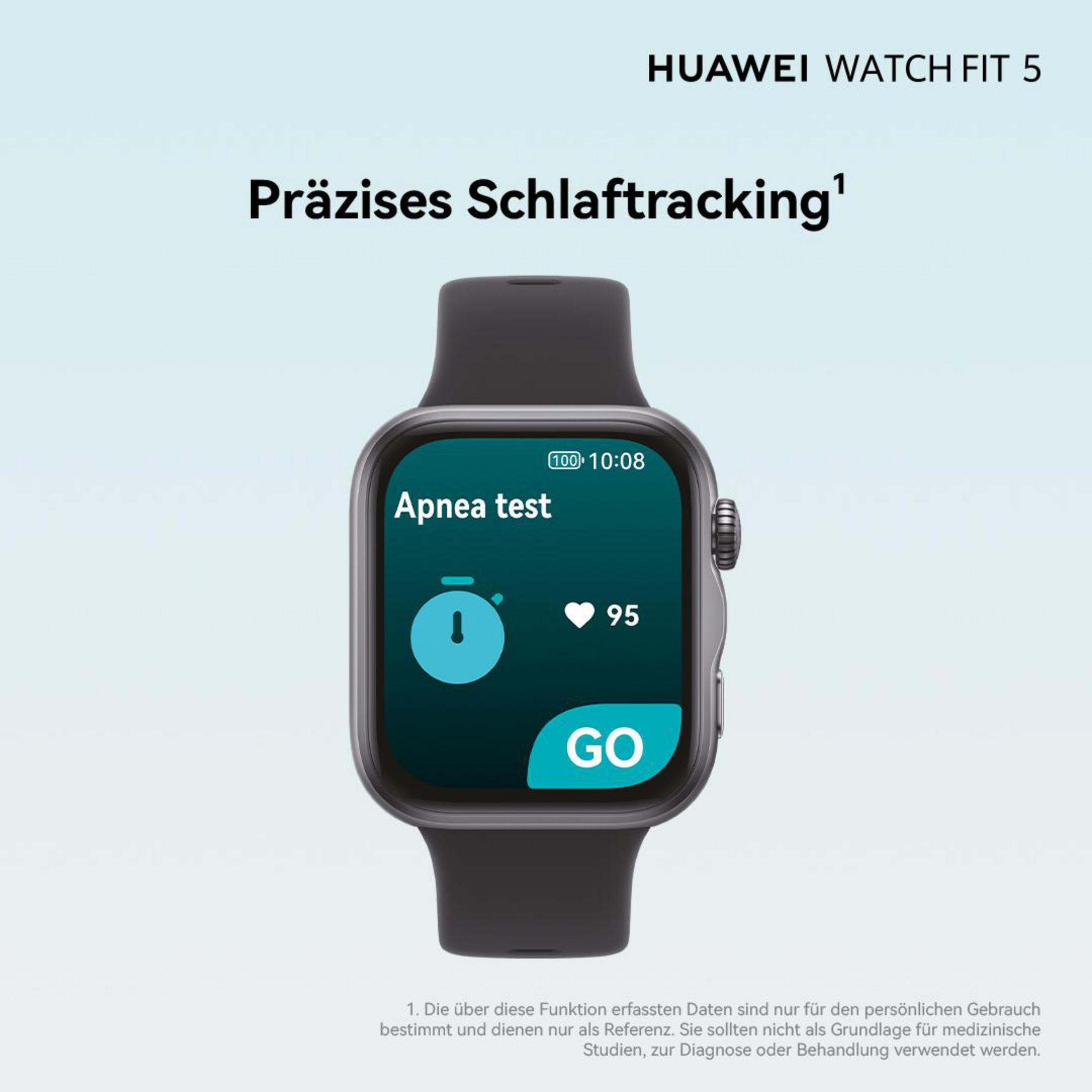 Une Huawei Watch Fit 5 grise affiche un test d'apnée avec 95 battements.
