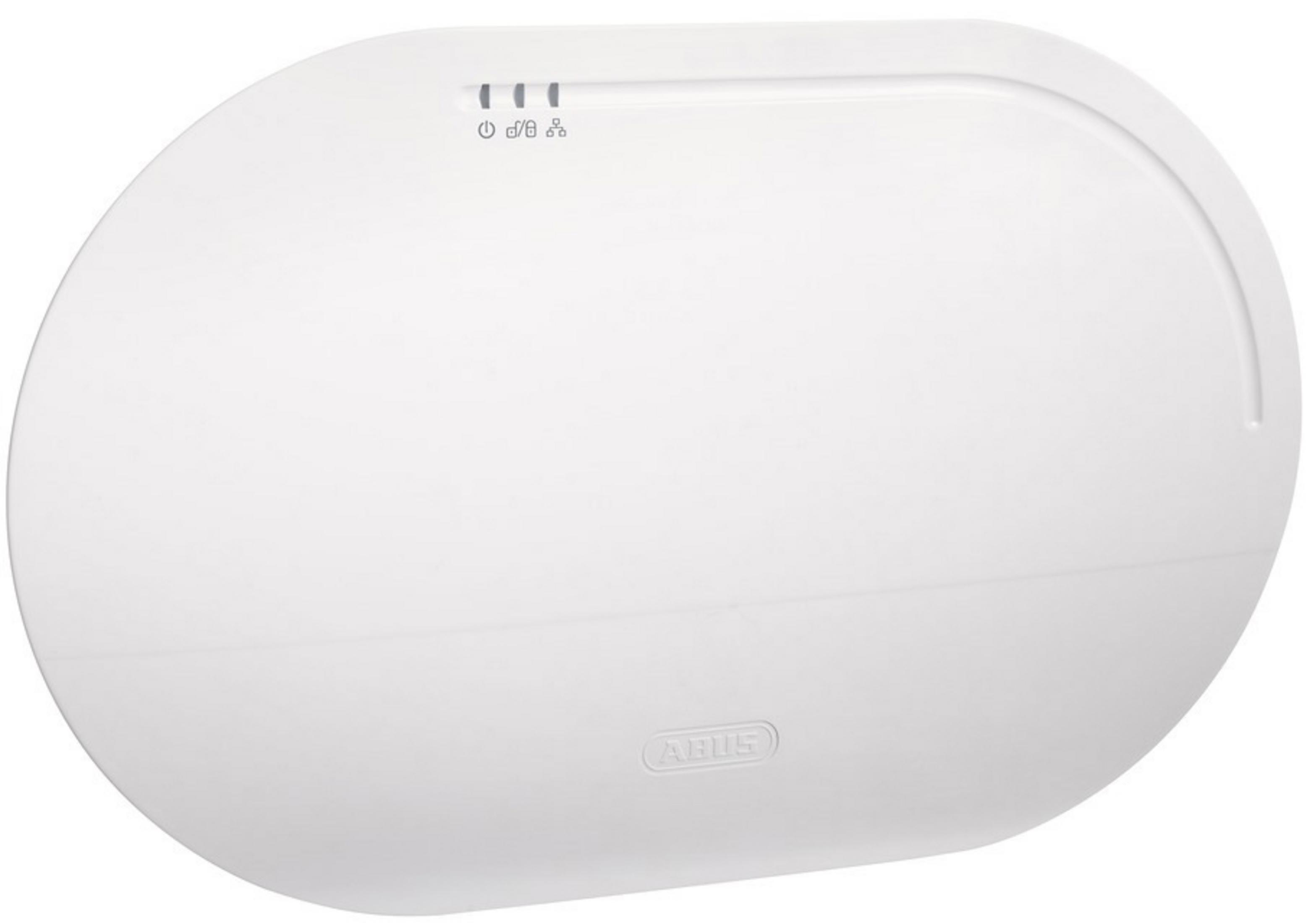 Un dispositivo ovale bianco con spie luminose e logo ABUS.