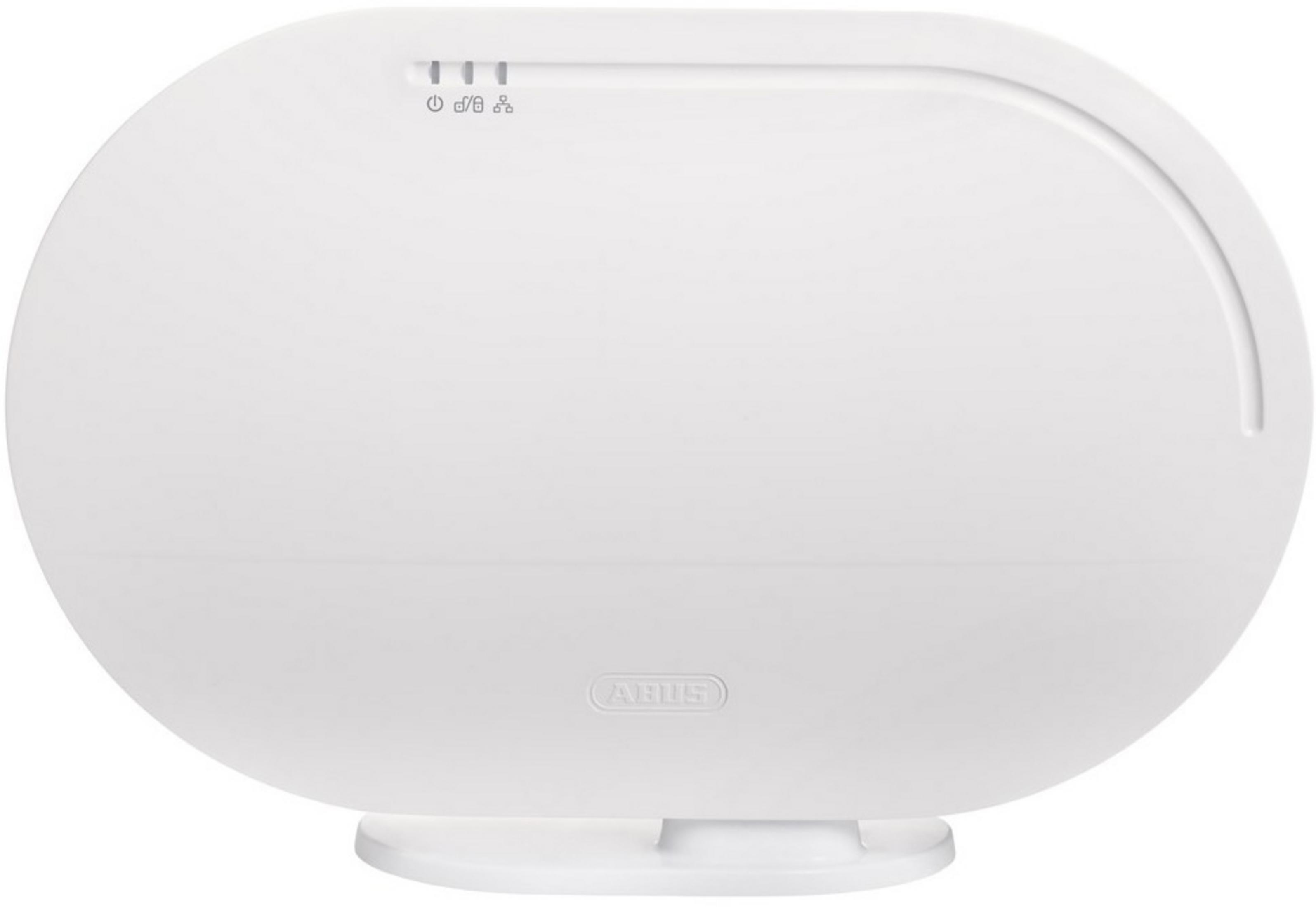 Un dispositivo ovale bianco con il logo ABUS e icone in alto.