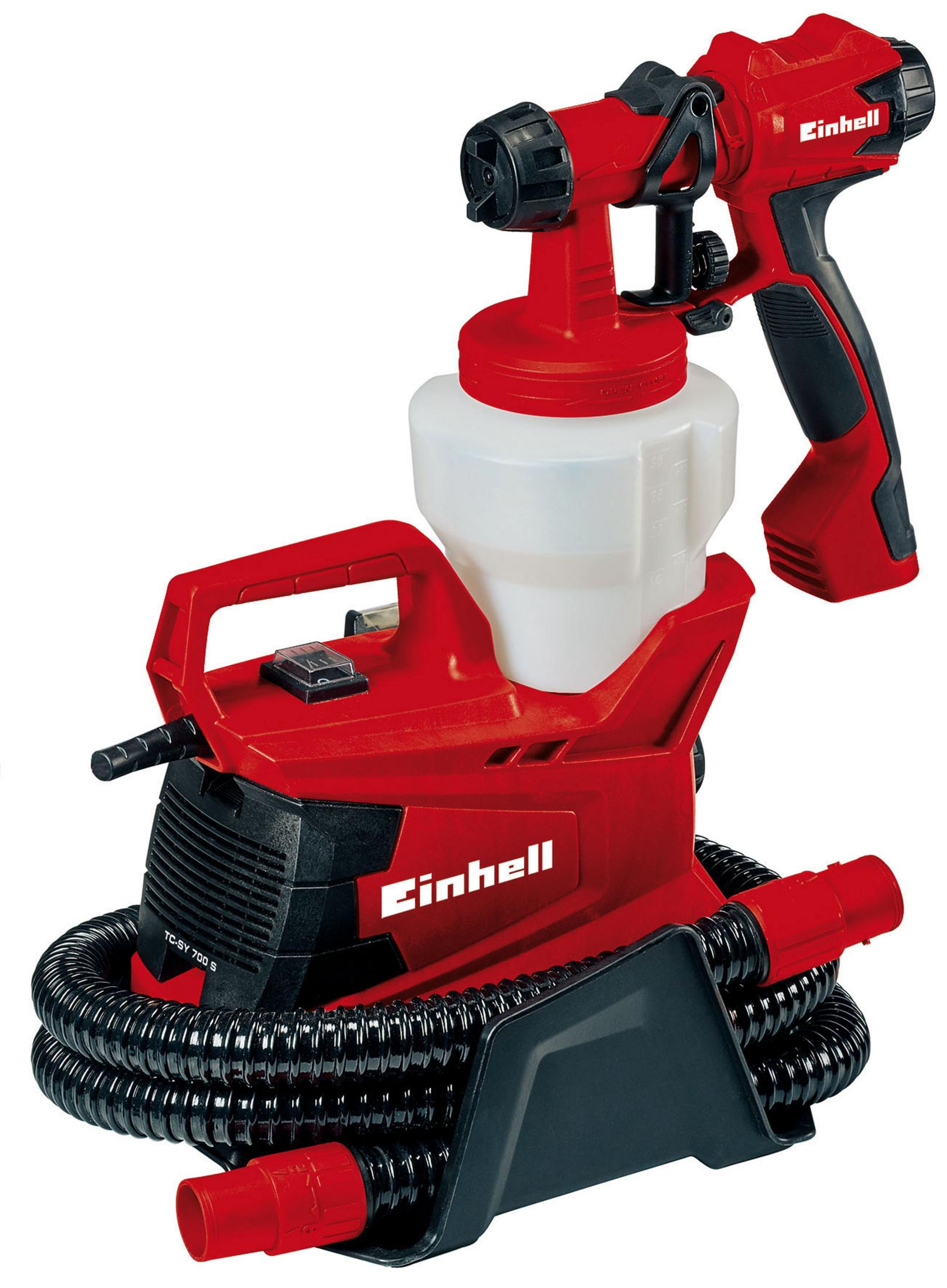 Un irroratore di vernice Einhell rosso con tubo nero e contenitore bianco.