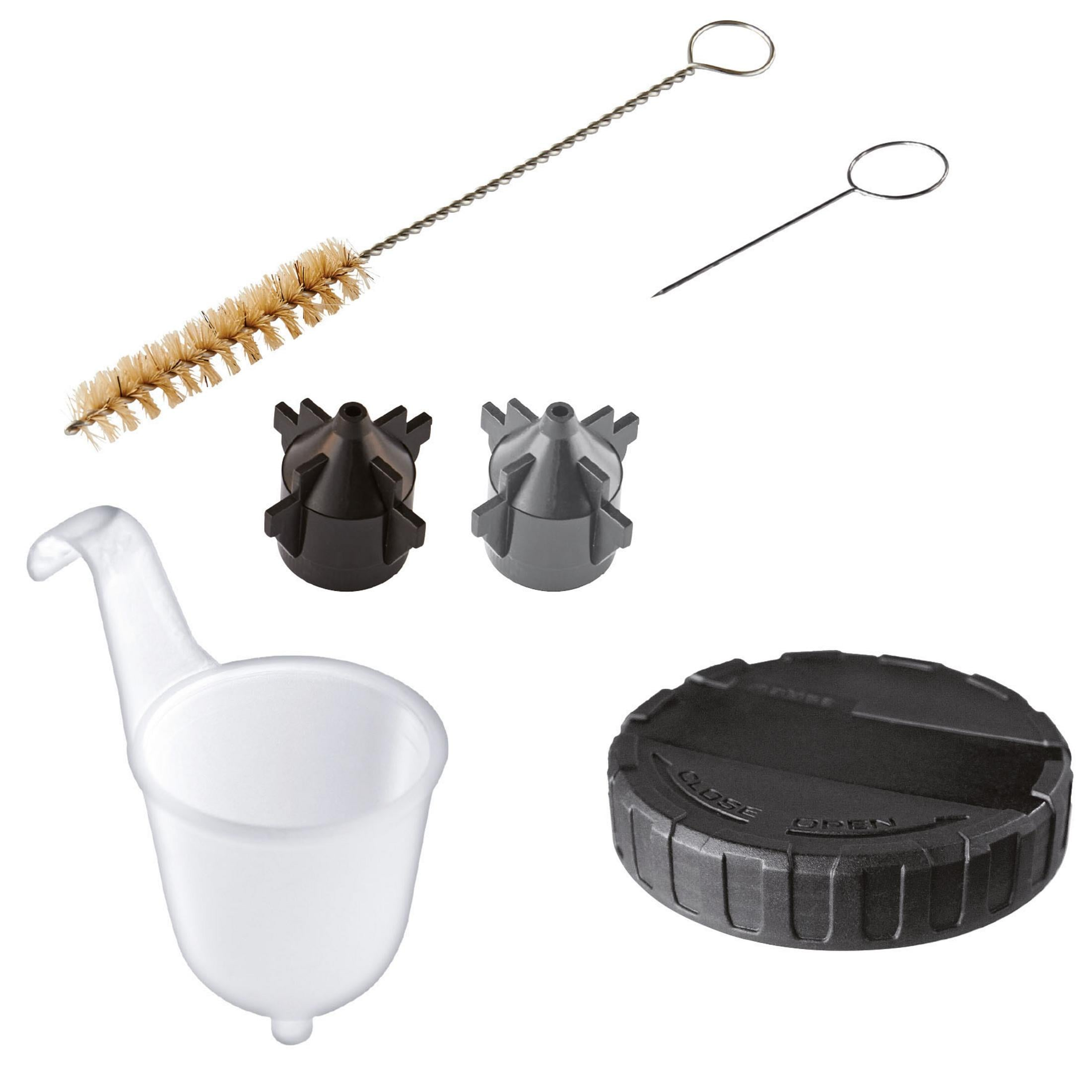 Strumenti di pulizia per spruzzatore: spazzola, ago, cappucci ugello e coperchio.