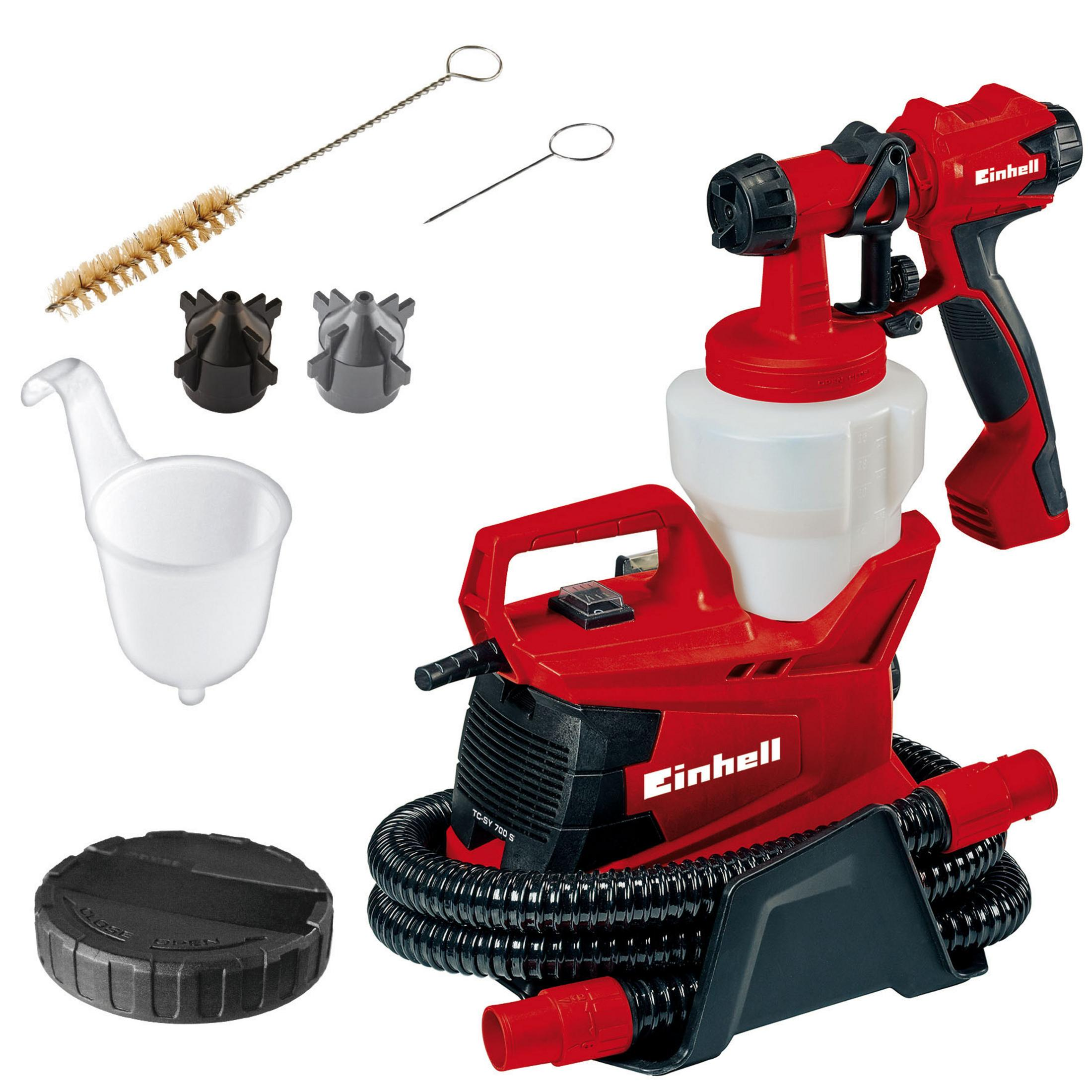 Un'idropulitrice elettrica rossa con accessori: spazzola, ago, tazza, ugelli e coperchio.