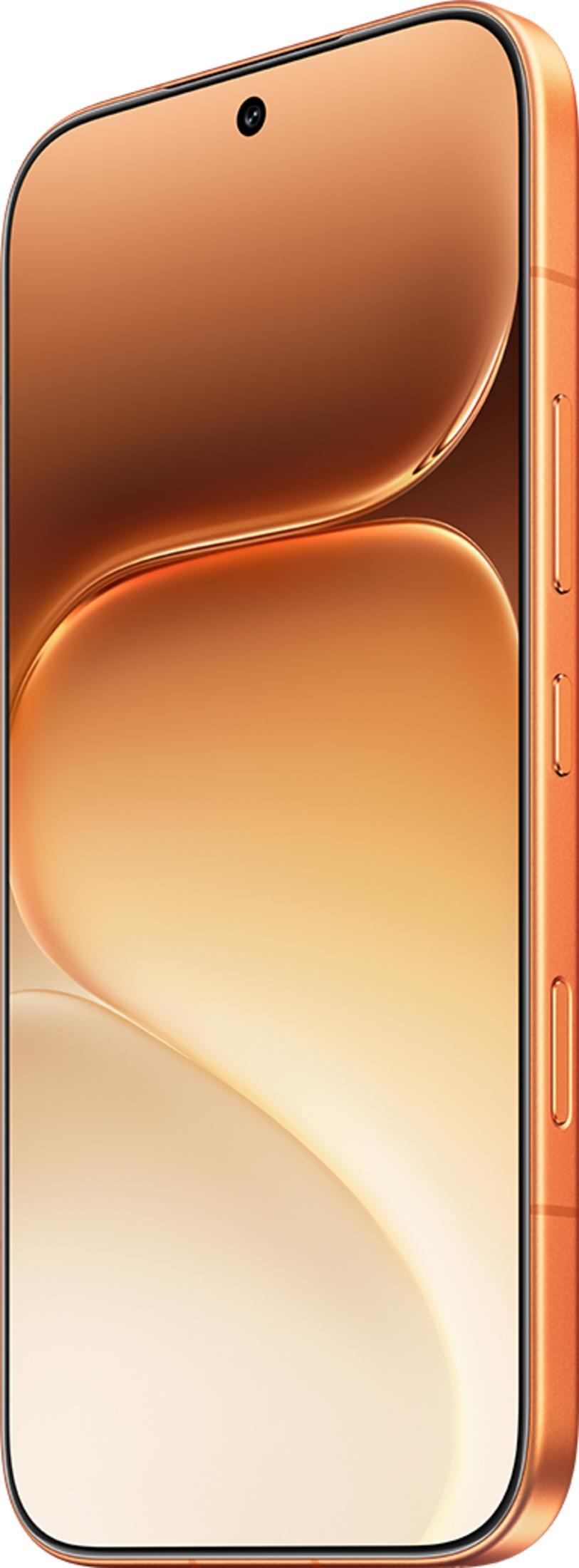 Uno smartphone arancione con un modulo fotocamera in alto.