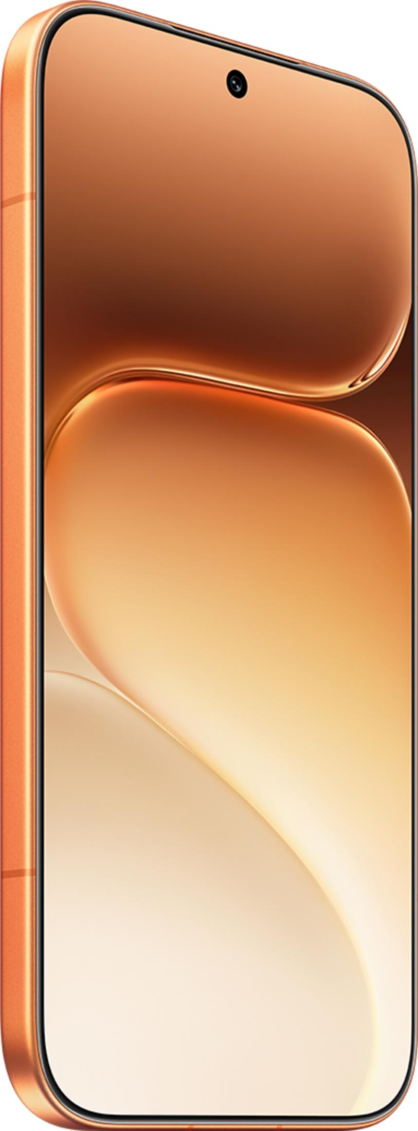 Uno smartphone arancione con angoli arrotondati e fotocamera frontale.
