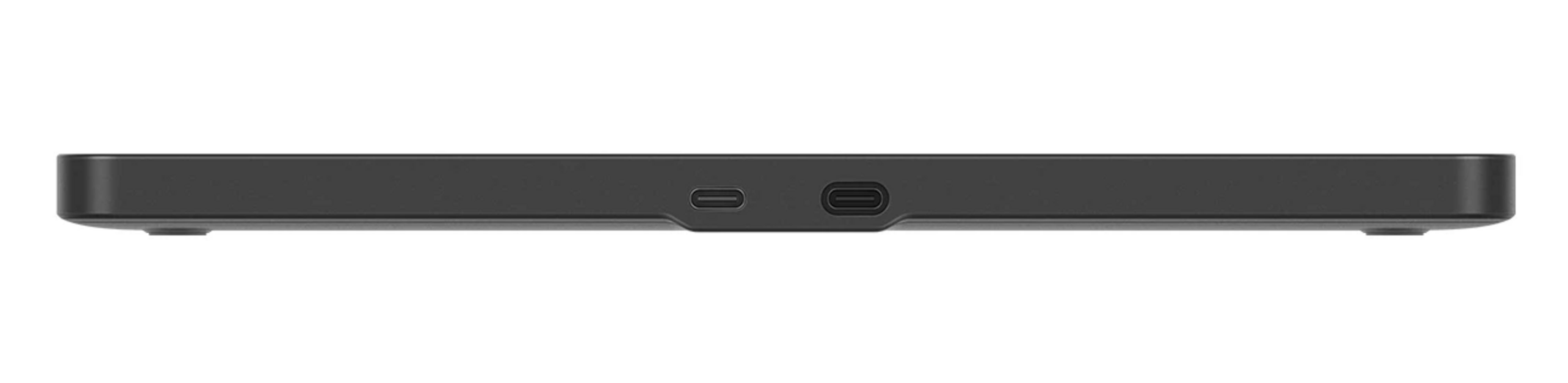 Un dispositivo elettronico sottile e nero con due porte USB-C.