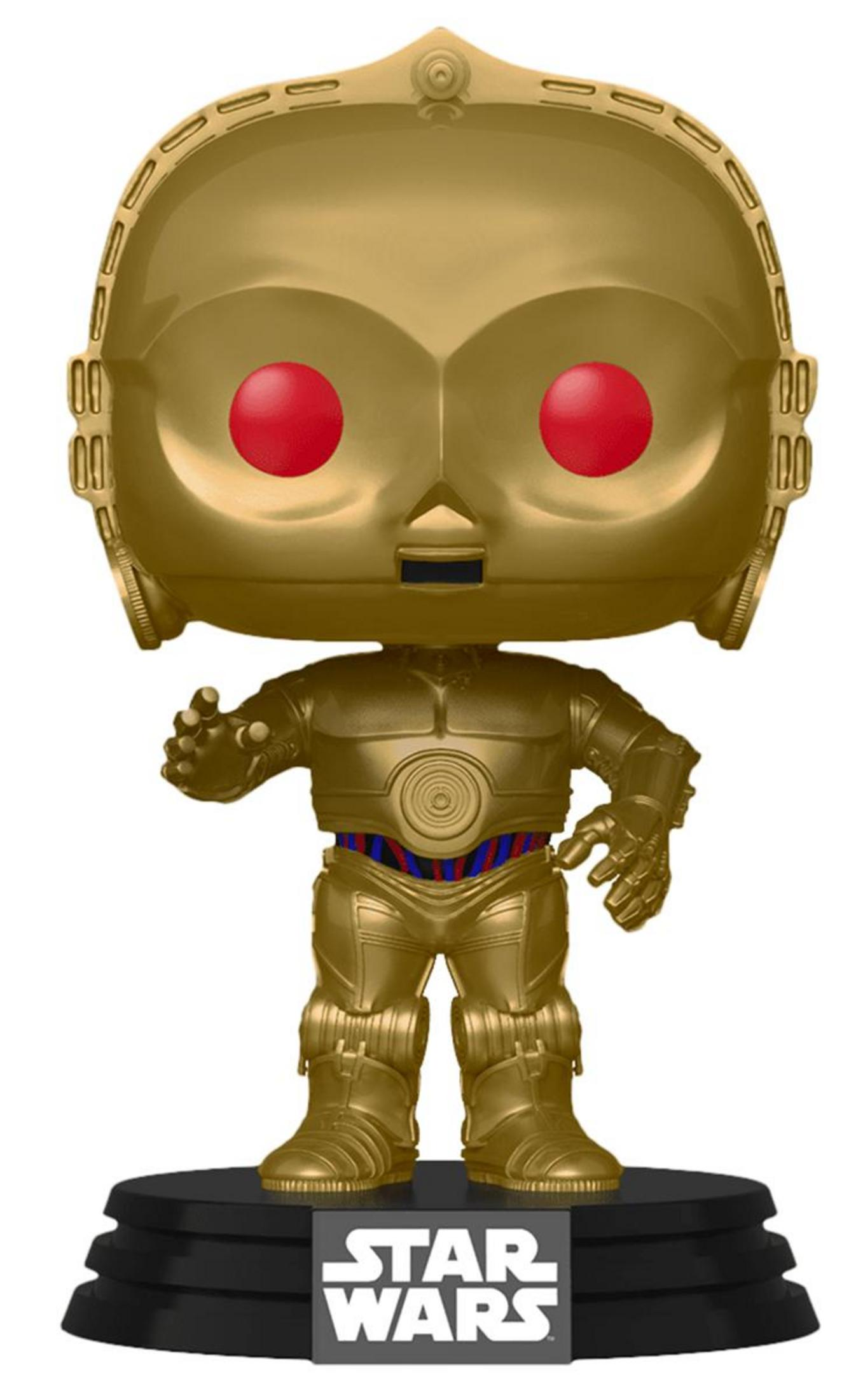 Goldener C-3PO Funko Pop auf schwarzem Sockel mit Star Wars Logo.