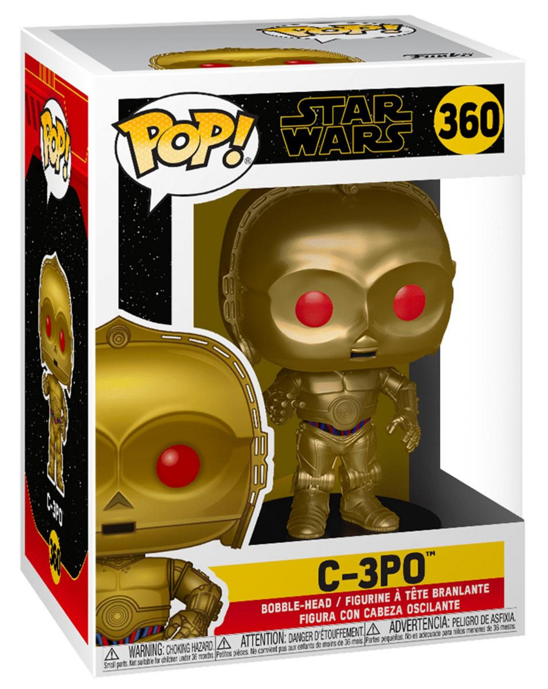 Eine goldene C-3PO-Figur von Star Wars im Pop!-Design, verpackt in einem Fensterkarton.