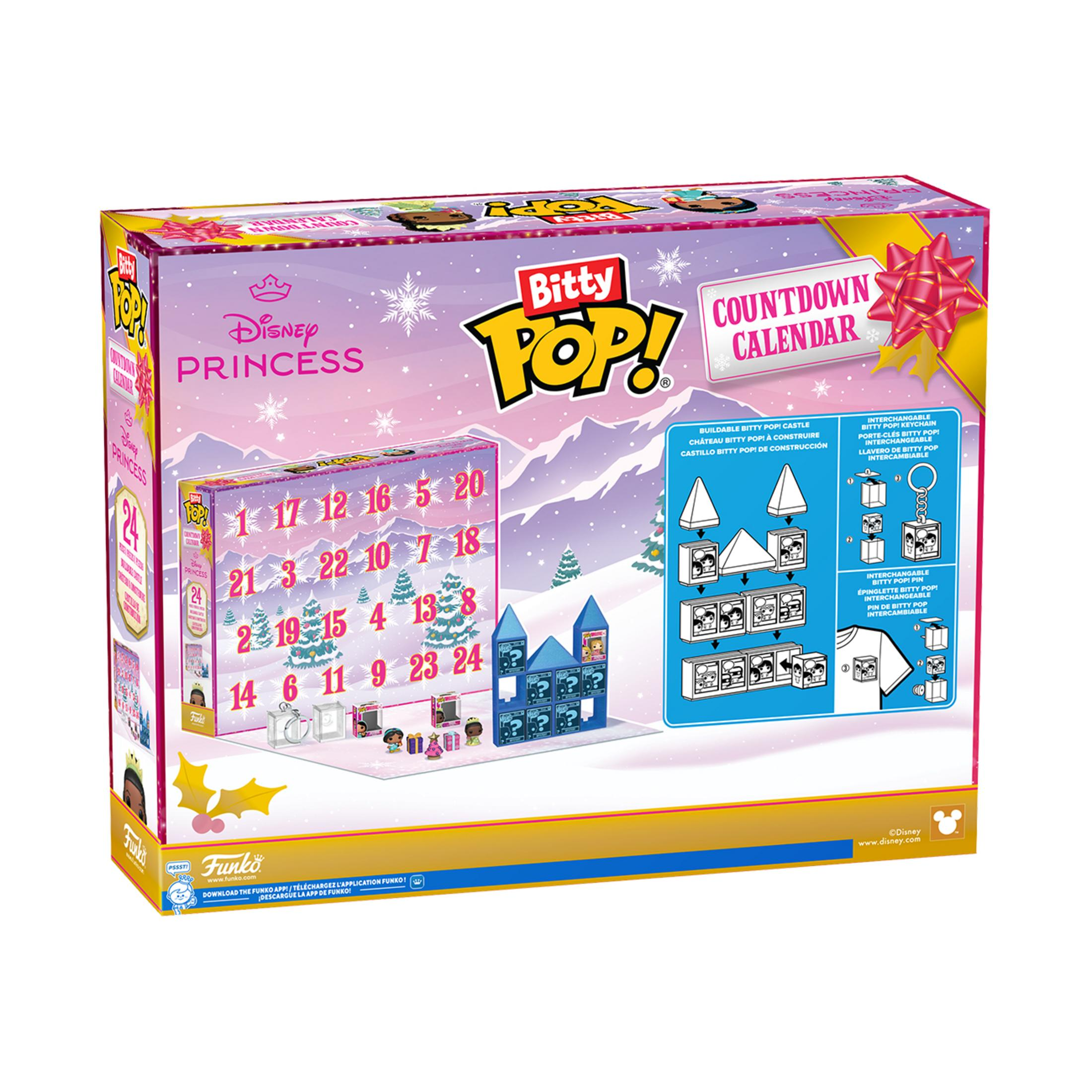 Calendario dell'Avvento Bitty Pop! Disney Princess con numeri 1-24, castello e figure.