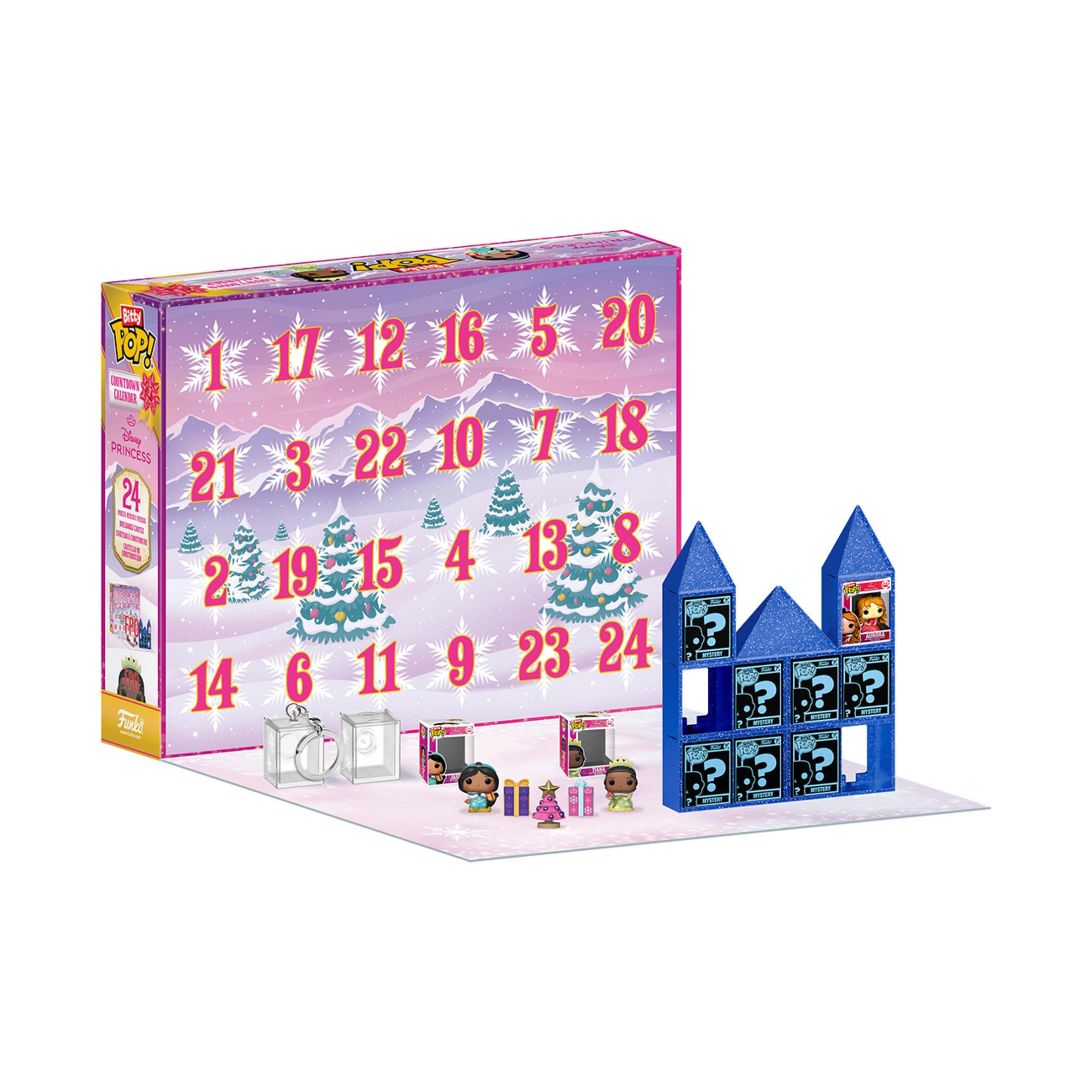 Un calendario dell'avvento Disney Princess con figure e piccoli regali.