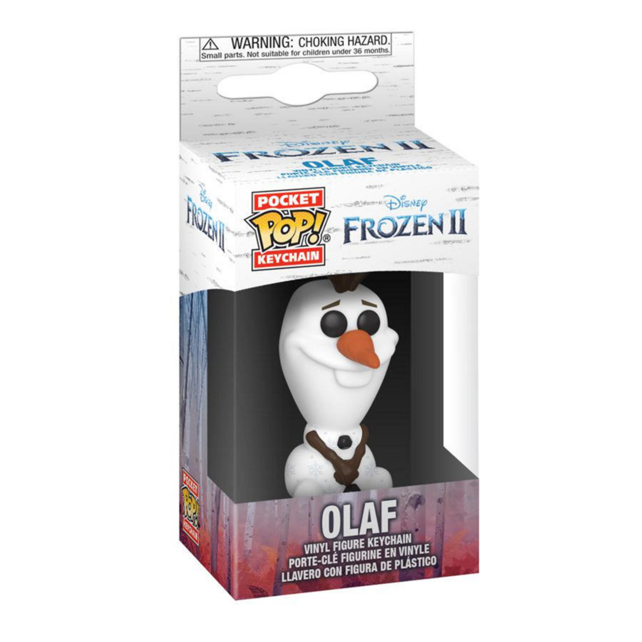 Verpackung mit Olaf-Schlüsselanhänger aus "Frozen II" mit Warnhinweis.