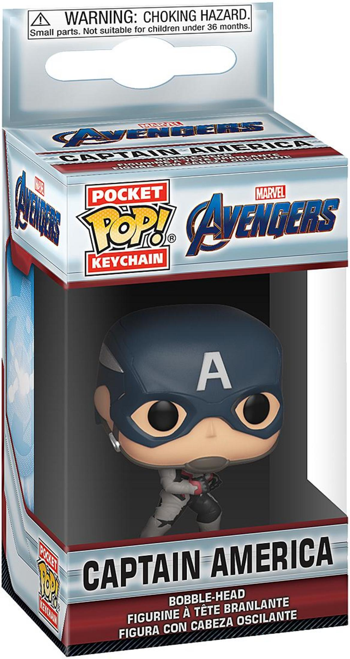 Captain America Funko Pop! Schlüsselanhänger in seiner Verpackung mit Warnhinweis.