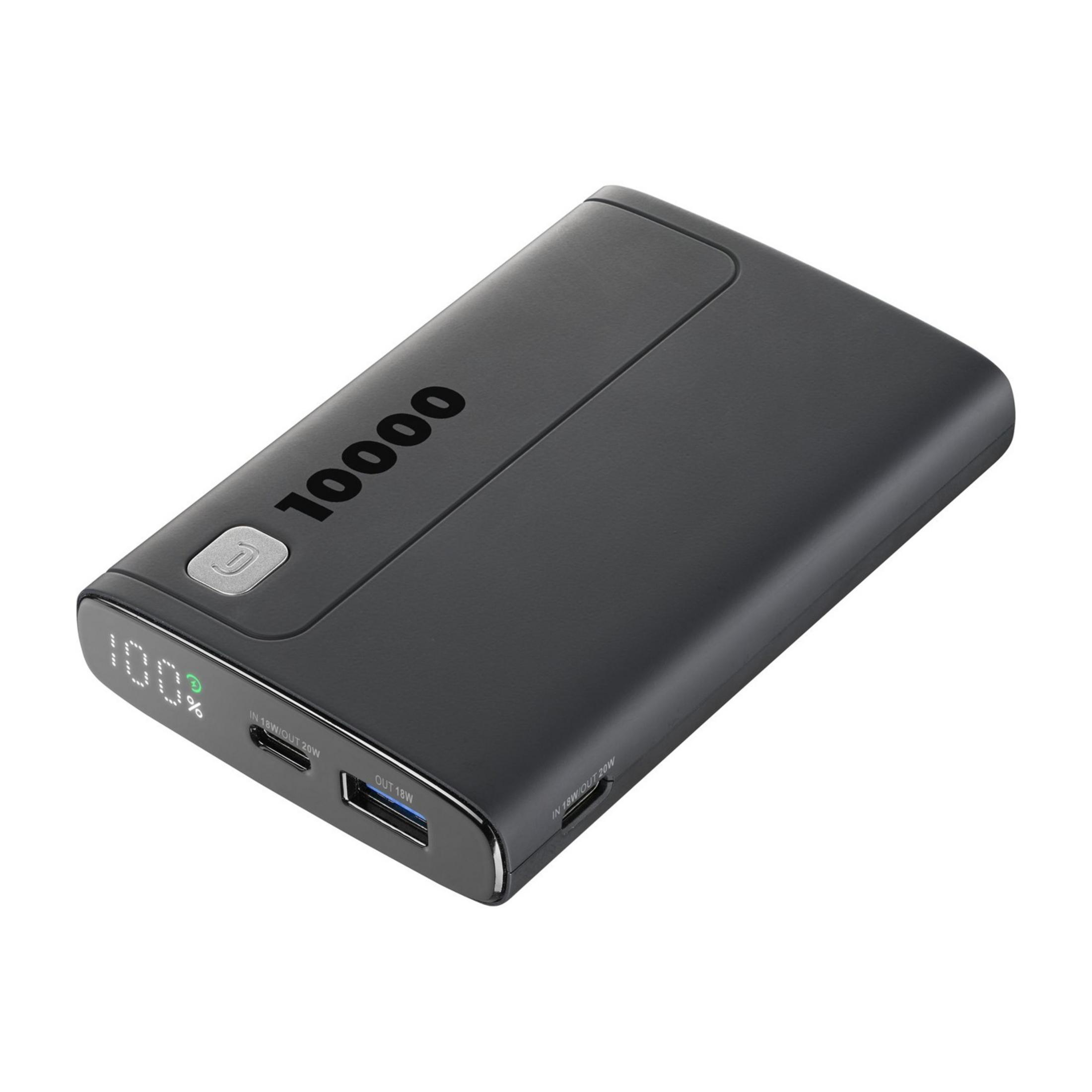 Power bank nero con carica al 100%, porte e testo '10000'.