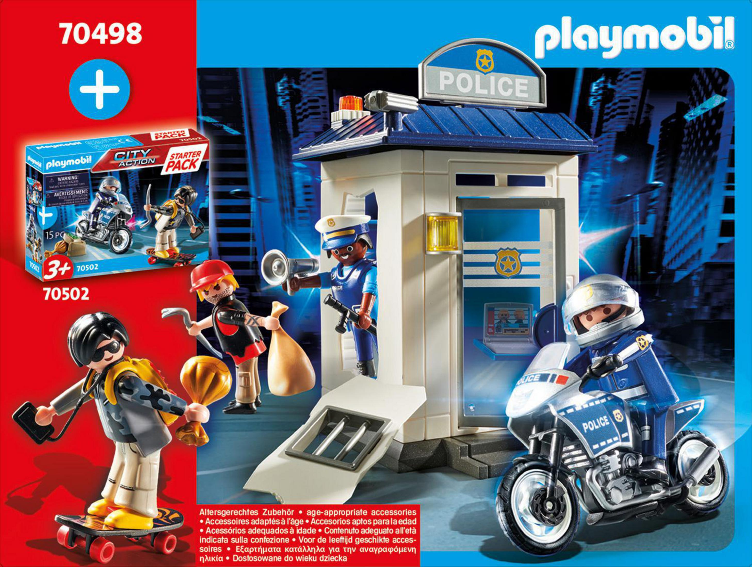 Estación de policía Playmobil con figuras, moto y monopatín en escena urbana.