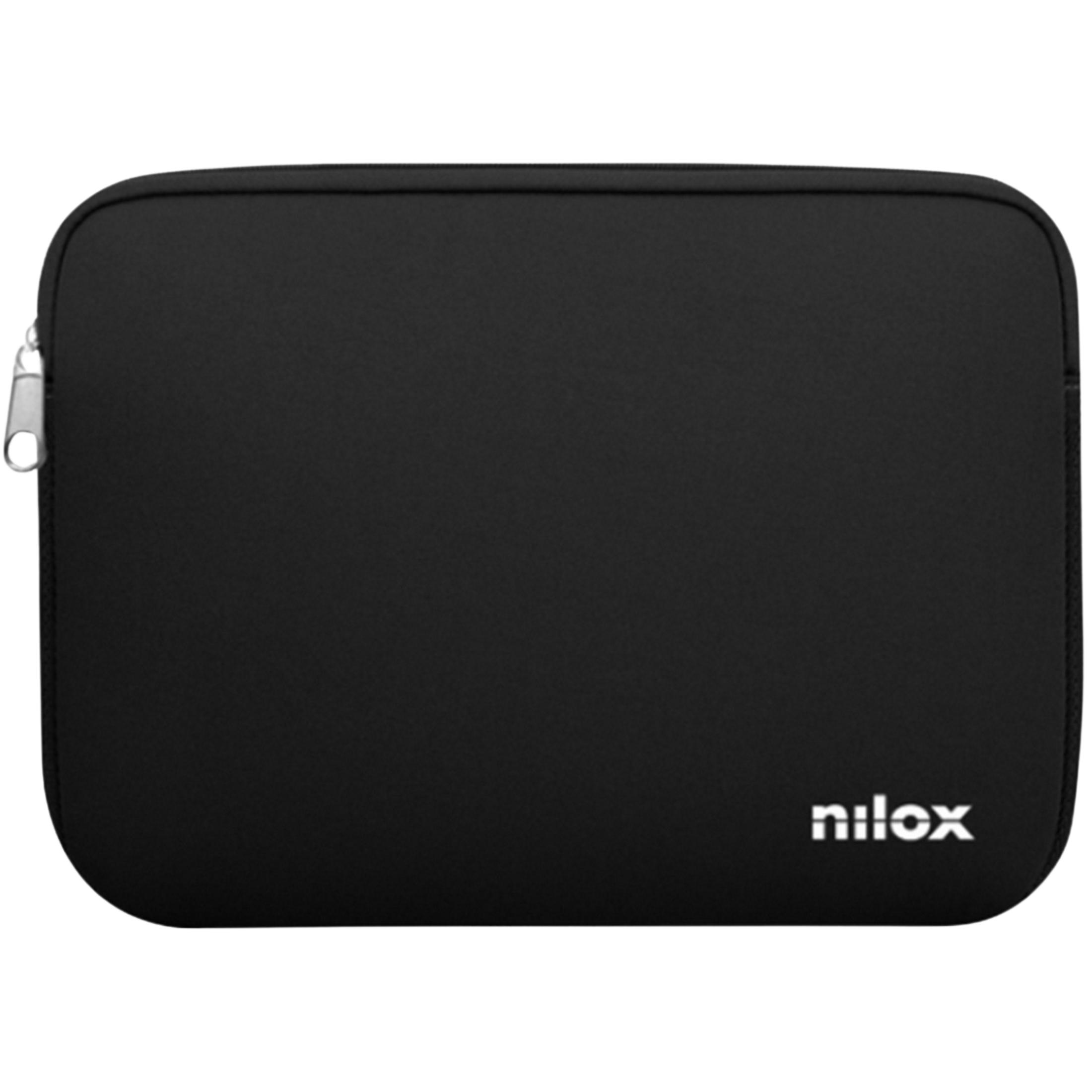 Custodia protettiva nera con logo Nilox bianco e zip argentata.